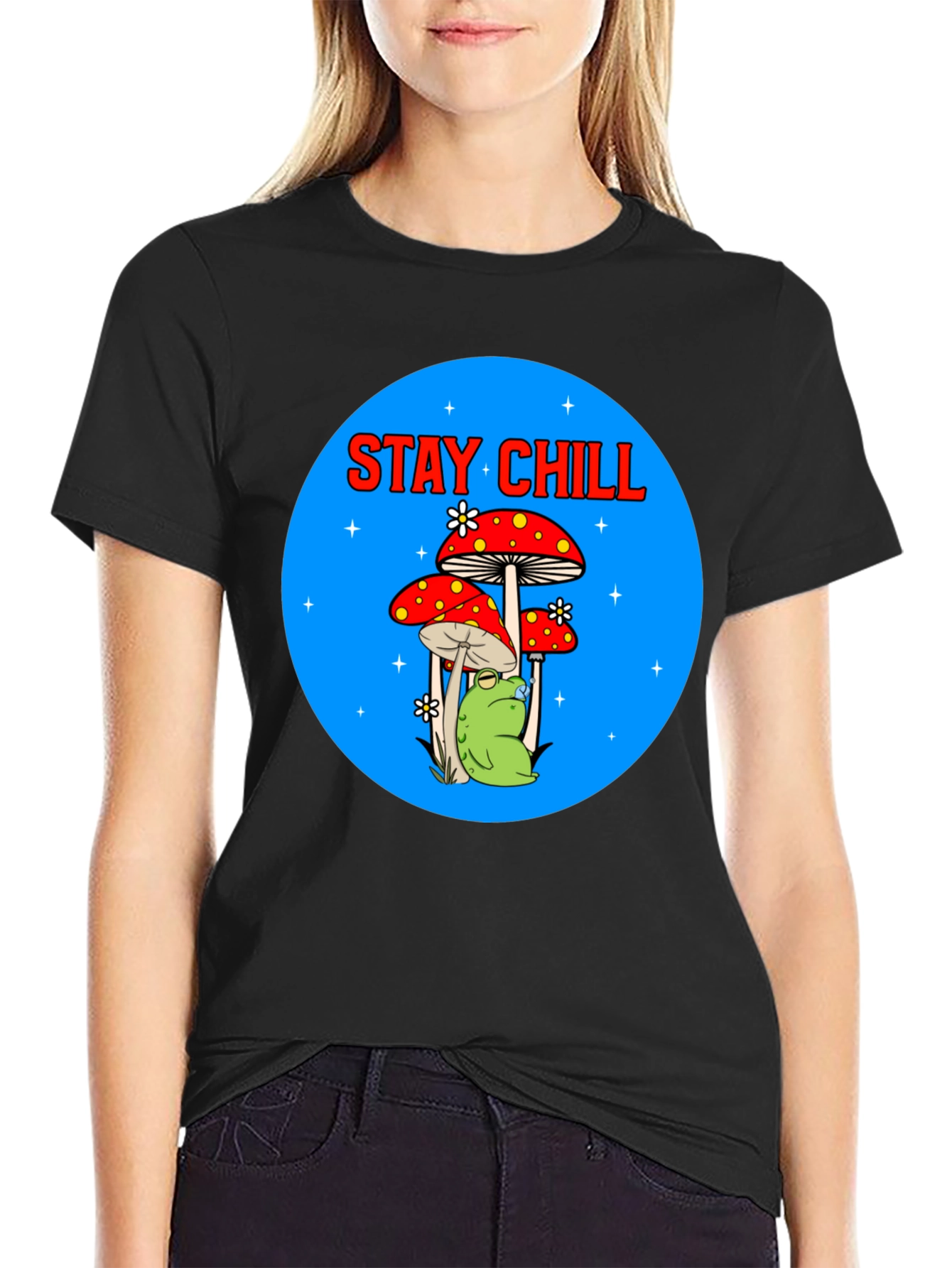 Black Stay Chill Frog Mushroom Graphic Tee view 2