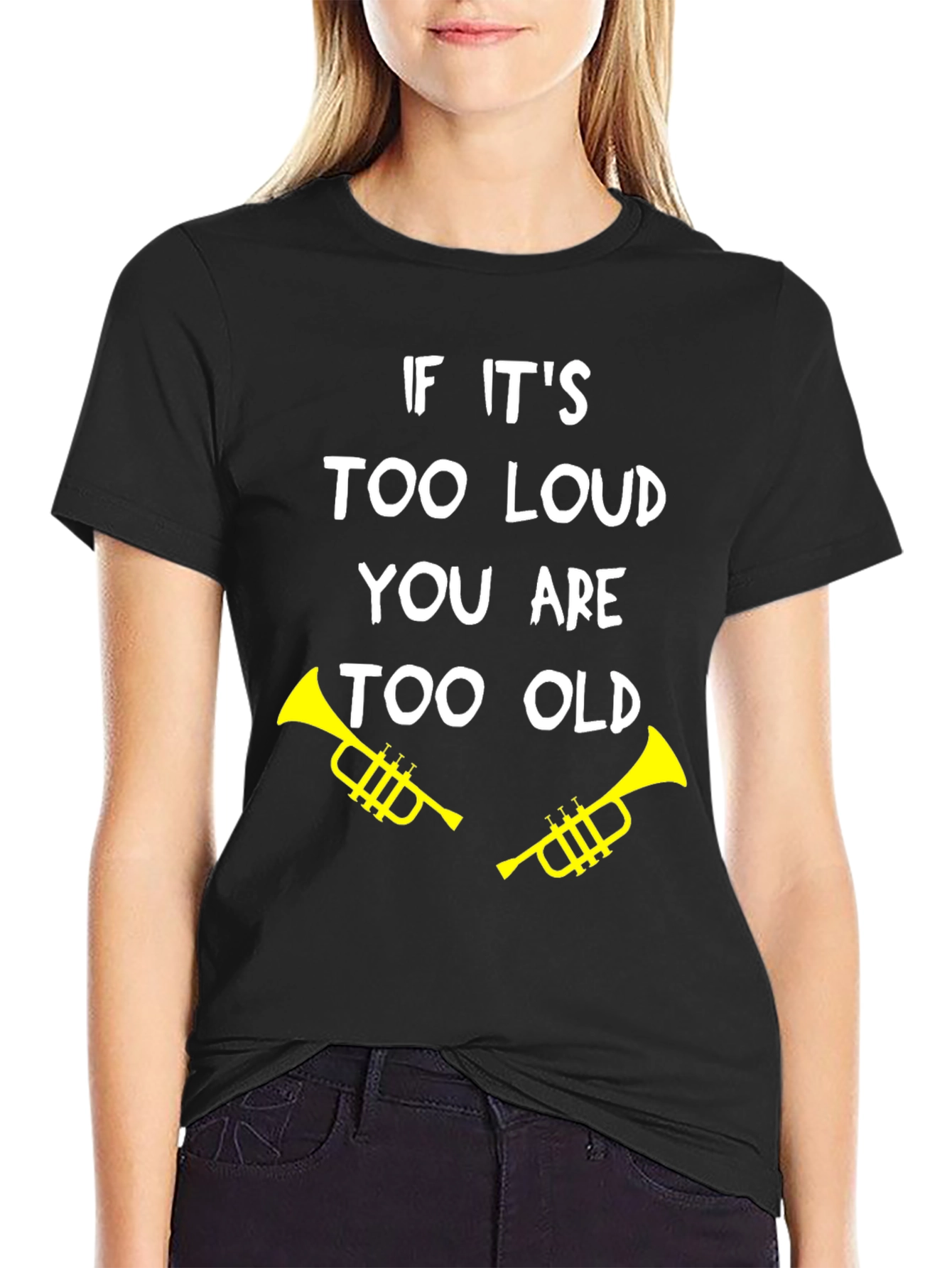 Black Funny "Too Loud, Too Old" Trumpet Graphic Tee view 2