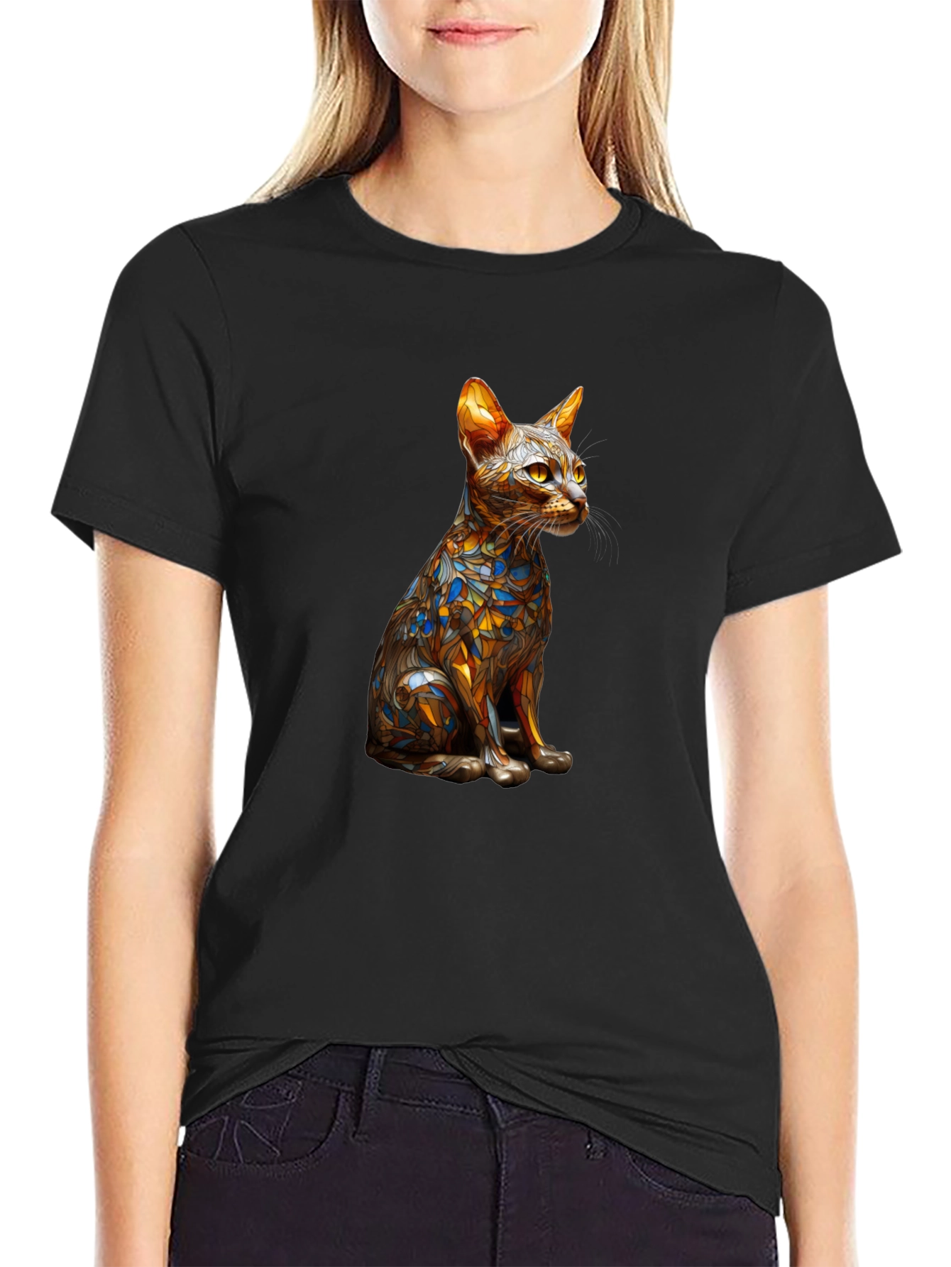 Black Abstract Cat Art T-Shirt view 2