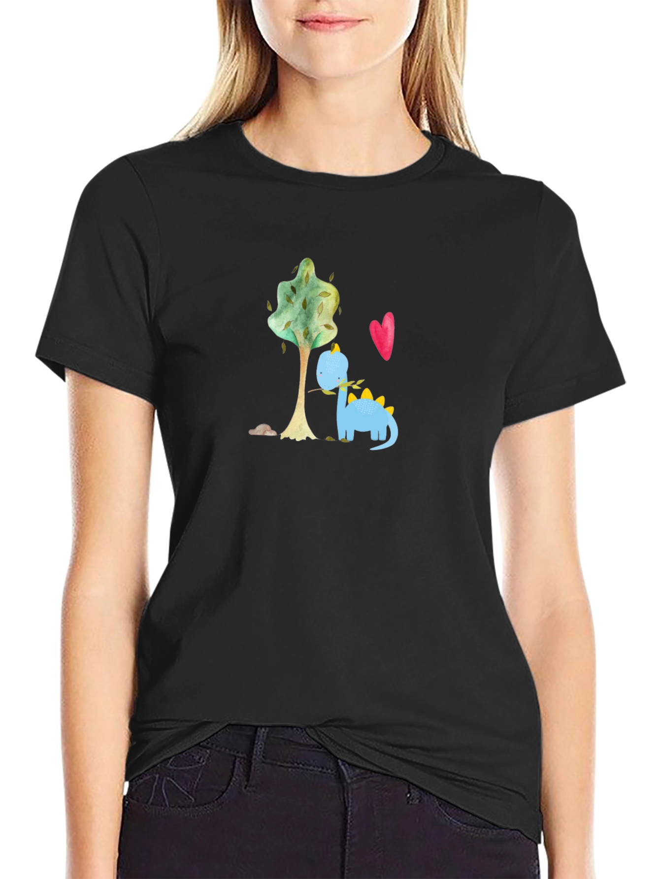Black Cute Dino Graphic Tee - Black Cotton T-Shirt view 2