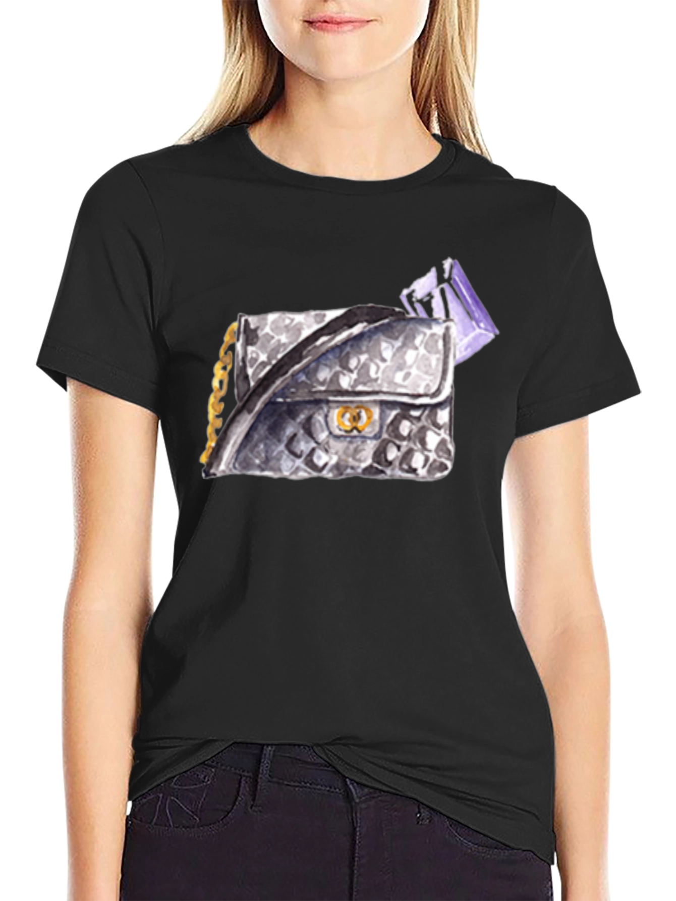 Black Stylish Black T-Shirt with Watercolor Handbag Print view 2