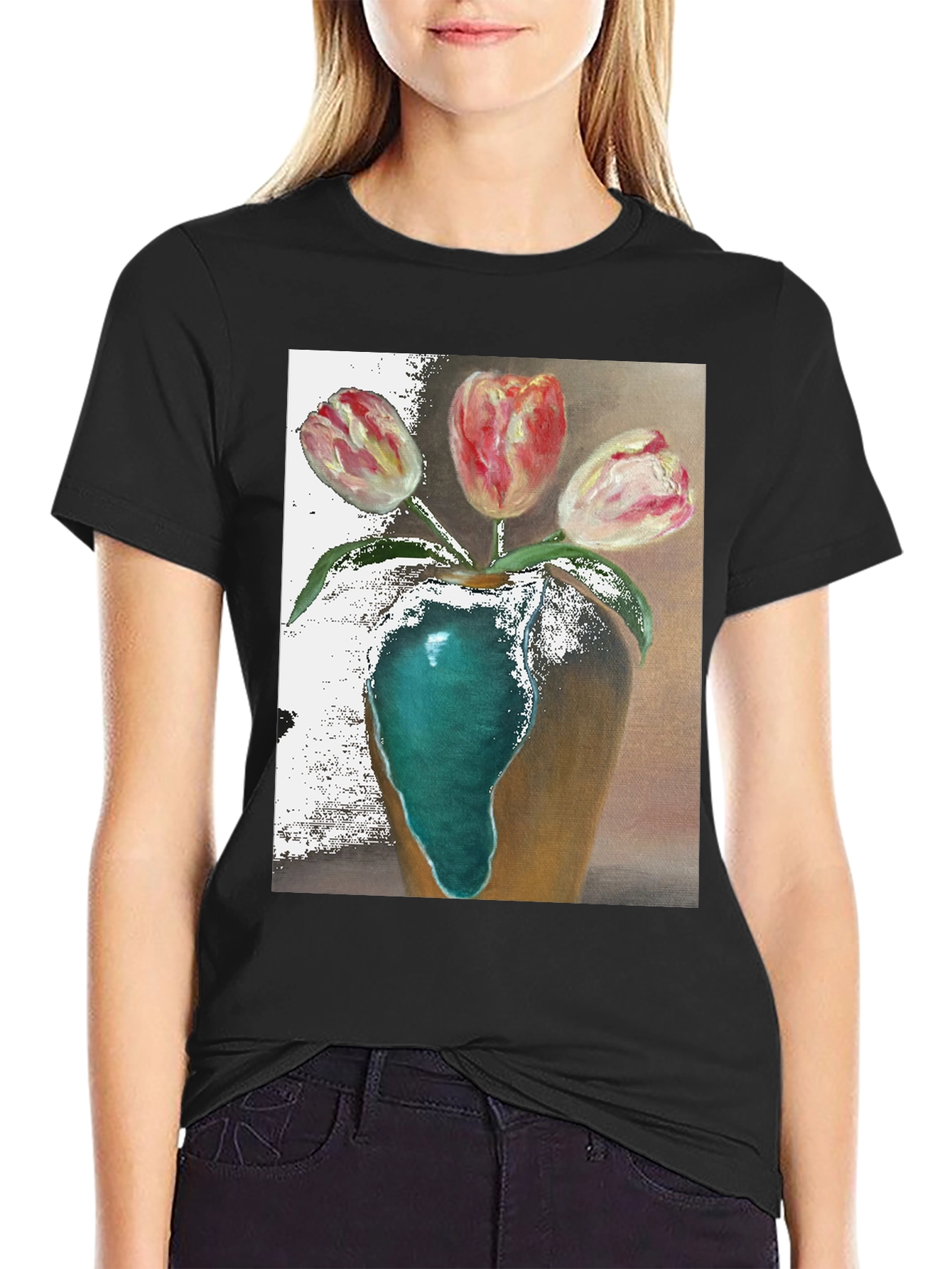 Black Tulip Vase Graphic Tee - Unique Floral Design view 2