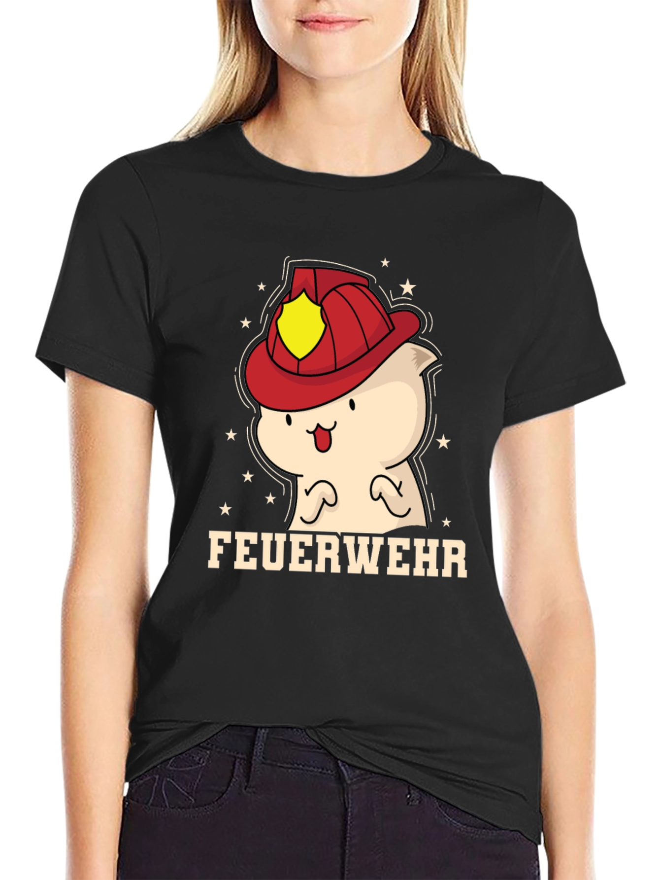 Black Cartoon Firefighter T-Shirt view 2