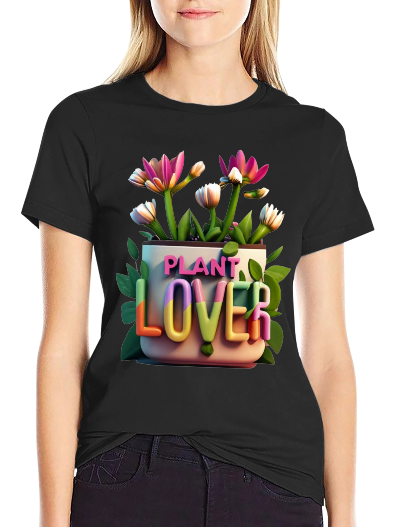 Black Plant Lover Graphic Tee - Black Cotton T-Shirt view 2