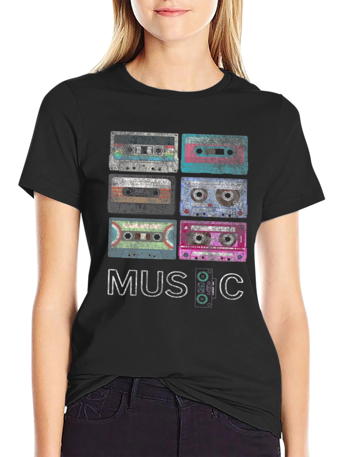 Black Vintage Cassette Tapes Graphic Tee - Retro Music Lover Shirt view 2