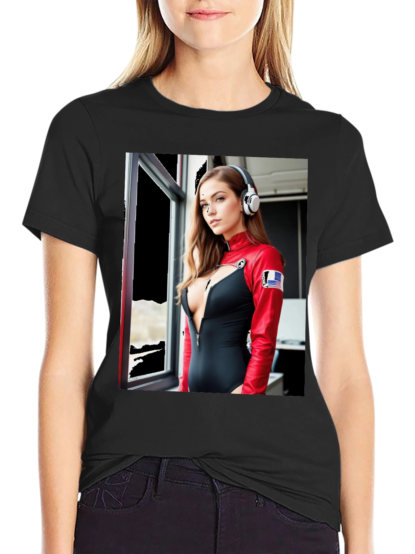 Black Black T-Shirt with Futuristic Woman Graphic view 2