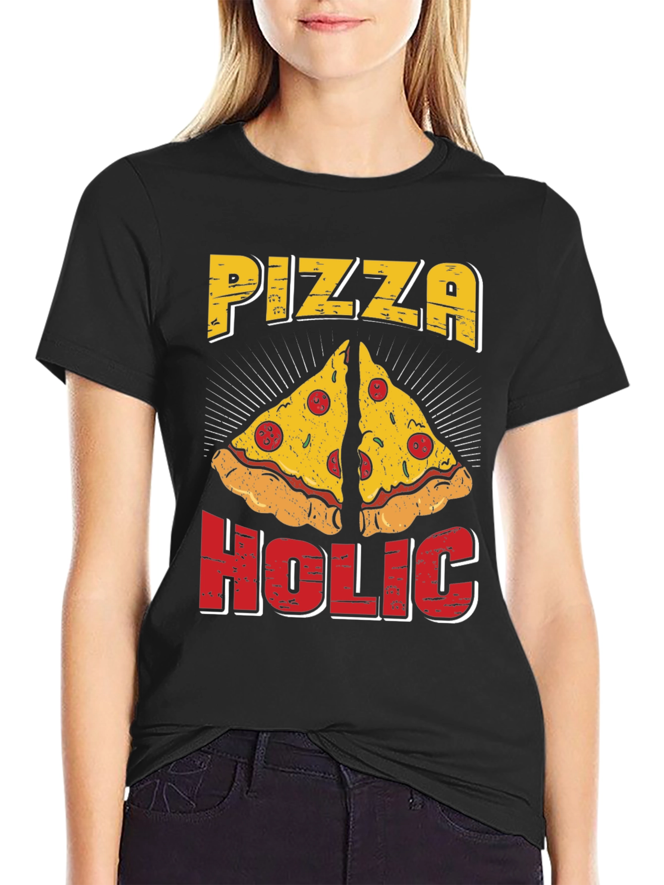 Black Pizza Holic T-Shirt - Funny Graphic Tee view 2