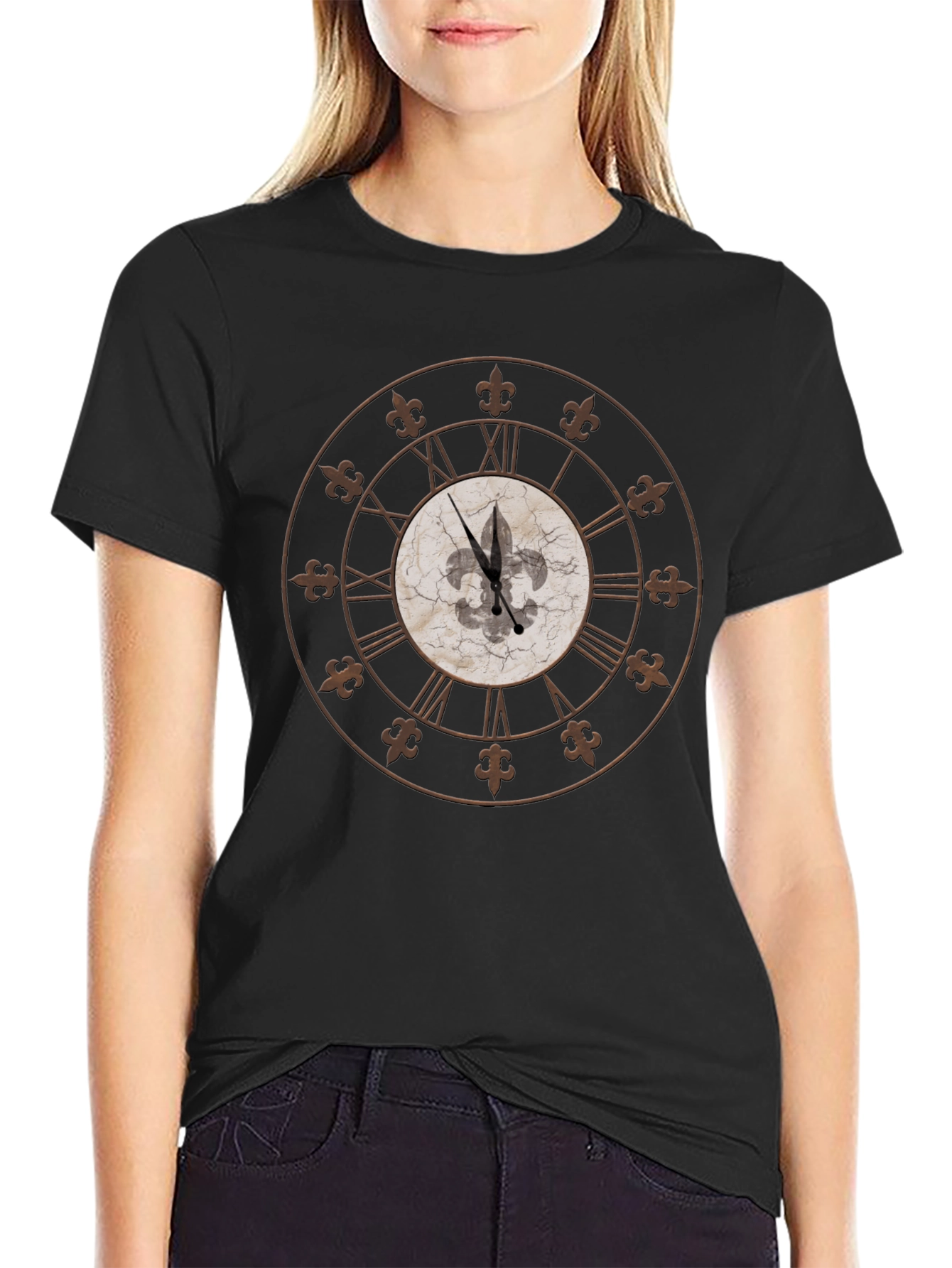 Black Fleur-de-Lis Clock Graphic Tee - Unique Design view 2