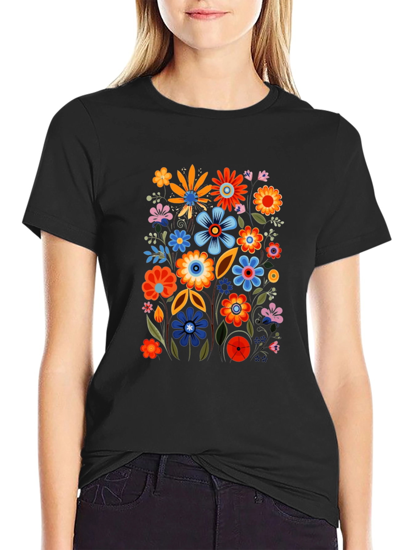 Black Floral Black Tee - Colorful Flower Power Shirt view 2