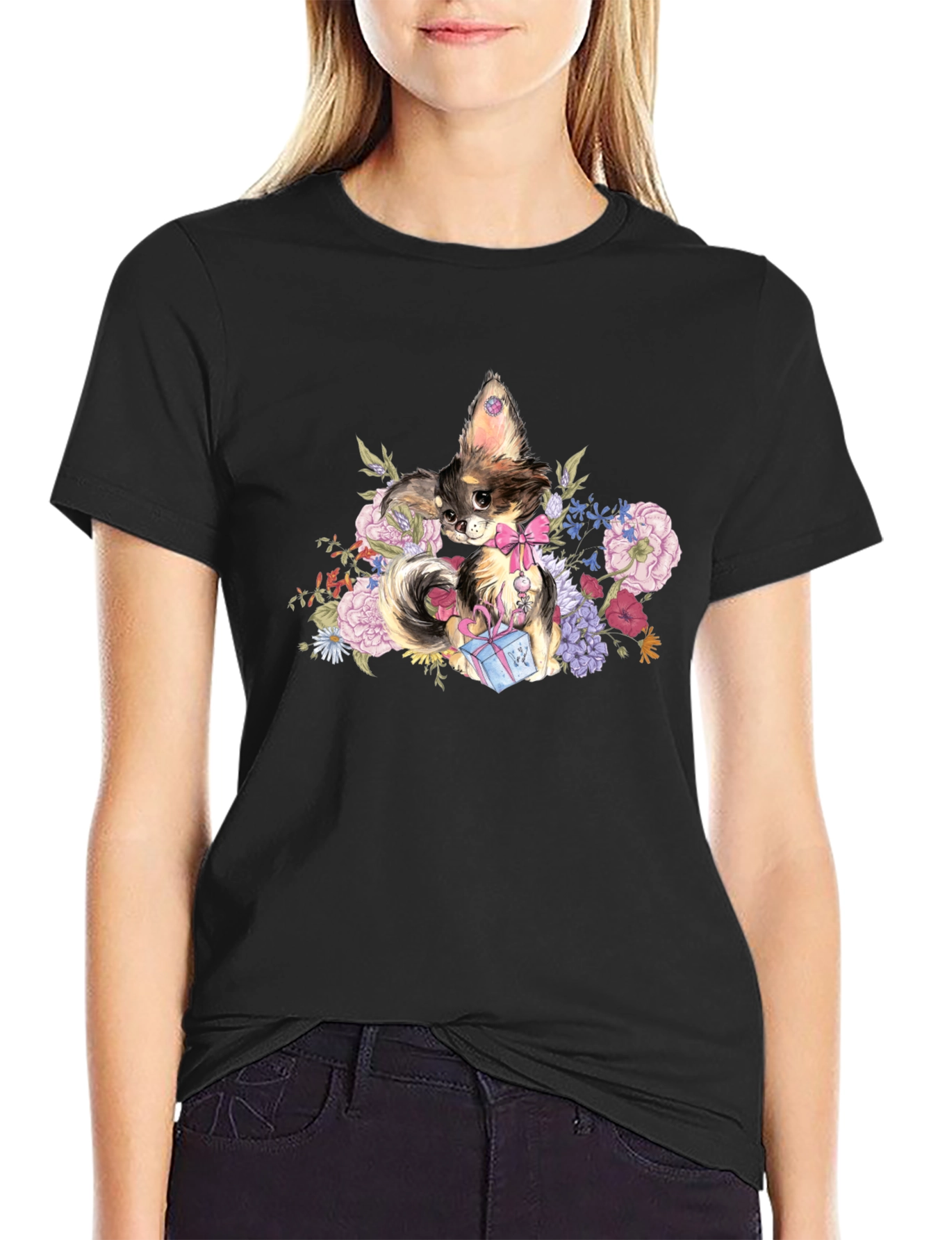 Black Chihuahua Floral T-Shirt view 2