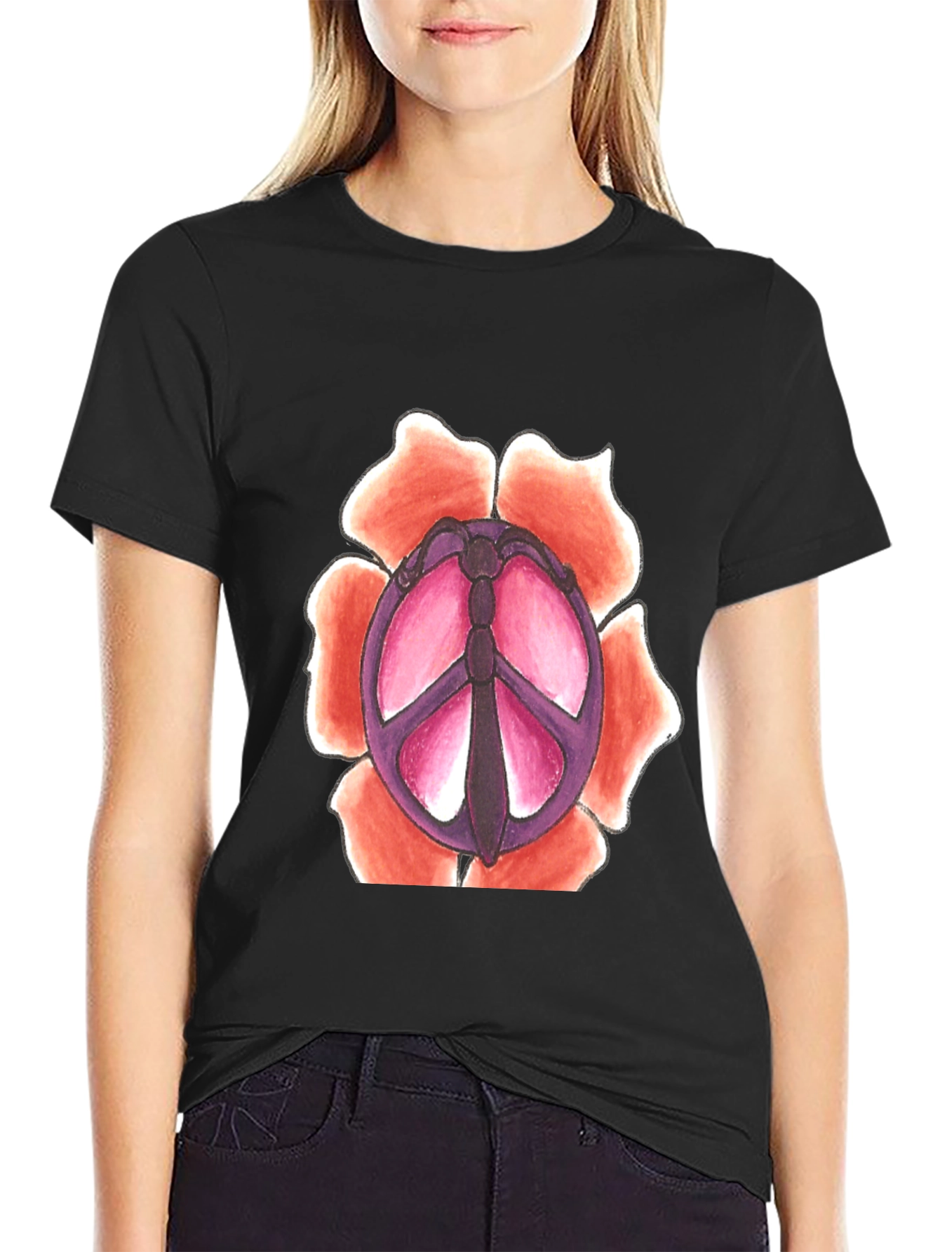 Black Peace Sign Flower Graphic T-Shirt view 2