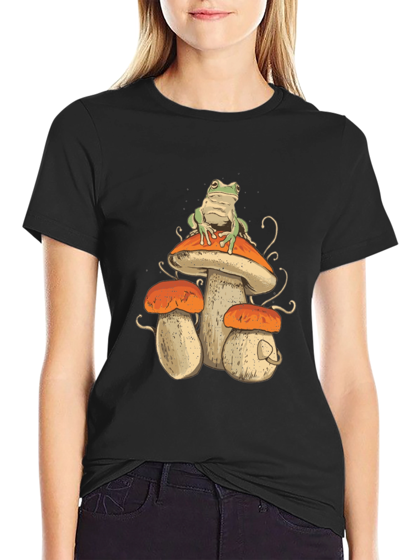 Black Frog on Mushroom T-Shirt - Unique Graphic Tee view 2
