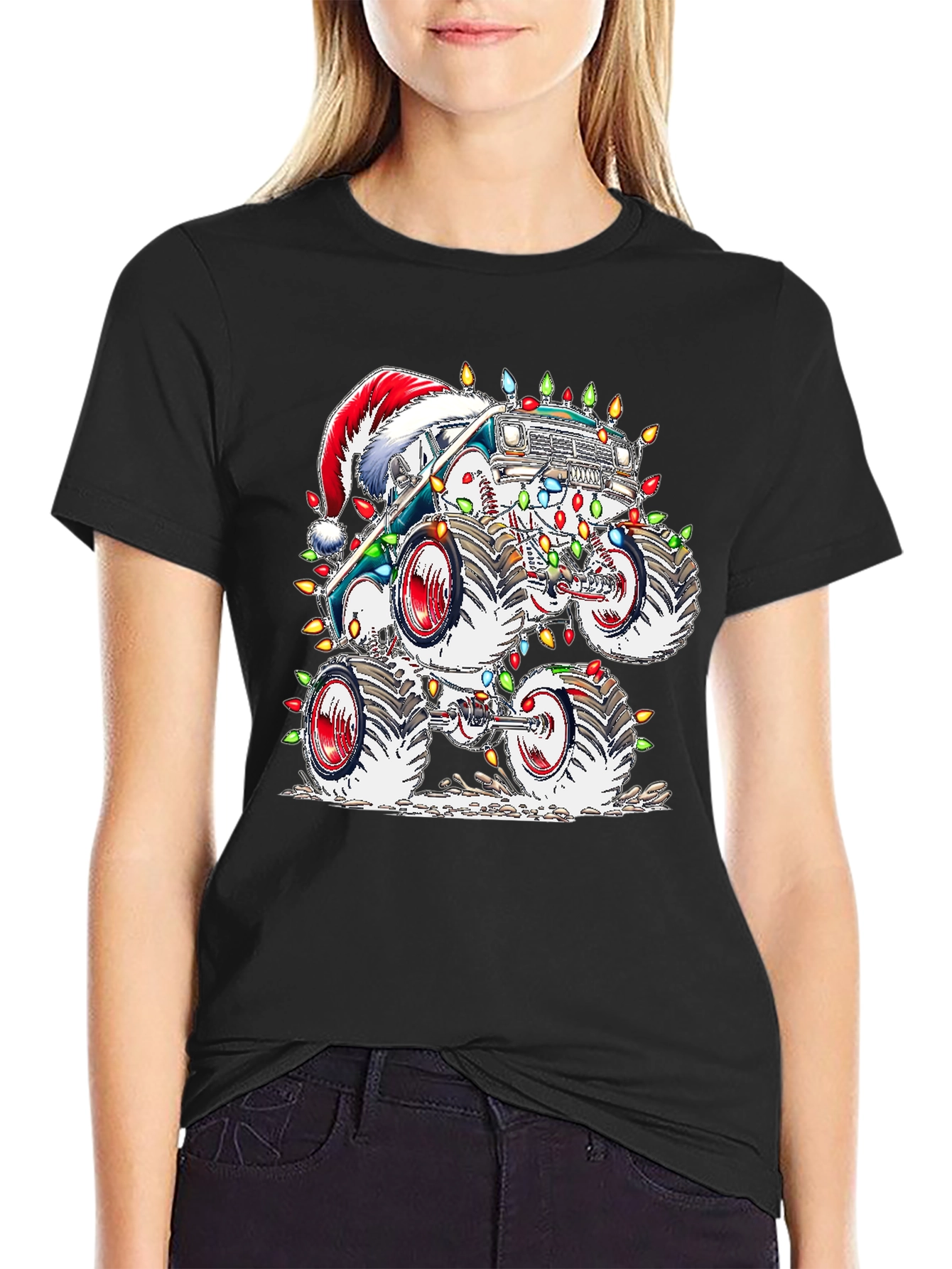Black Festive Monster Truck Christmas T-Shirt view 2