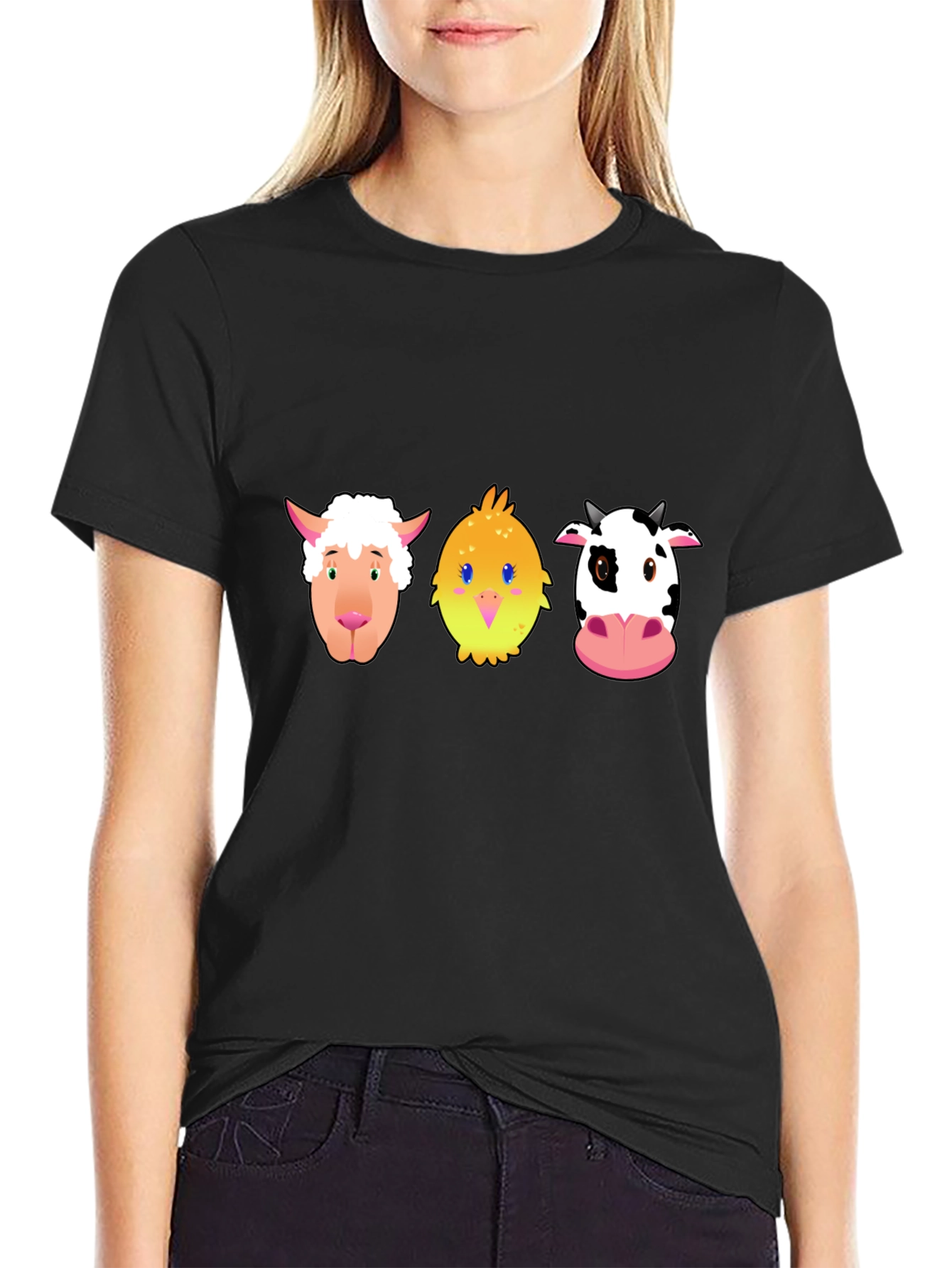 Black Cartoon Farm Animal T-Shirt view 2