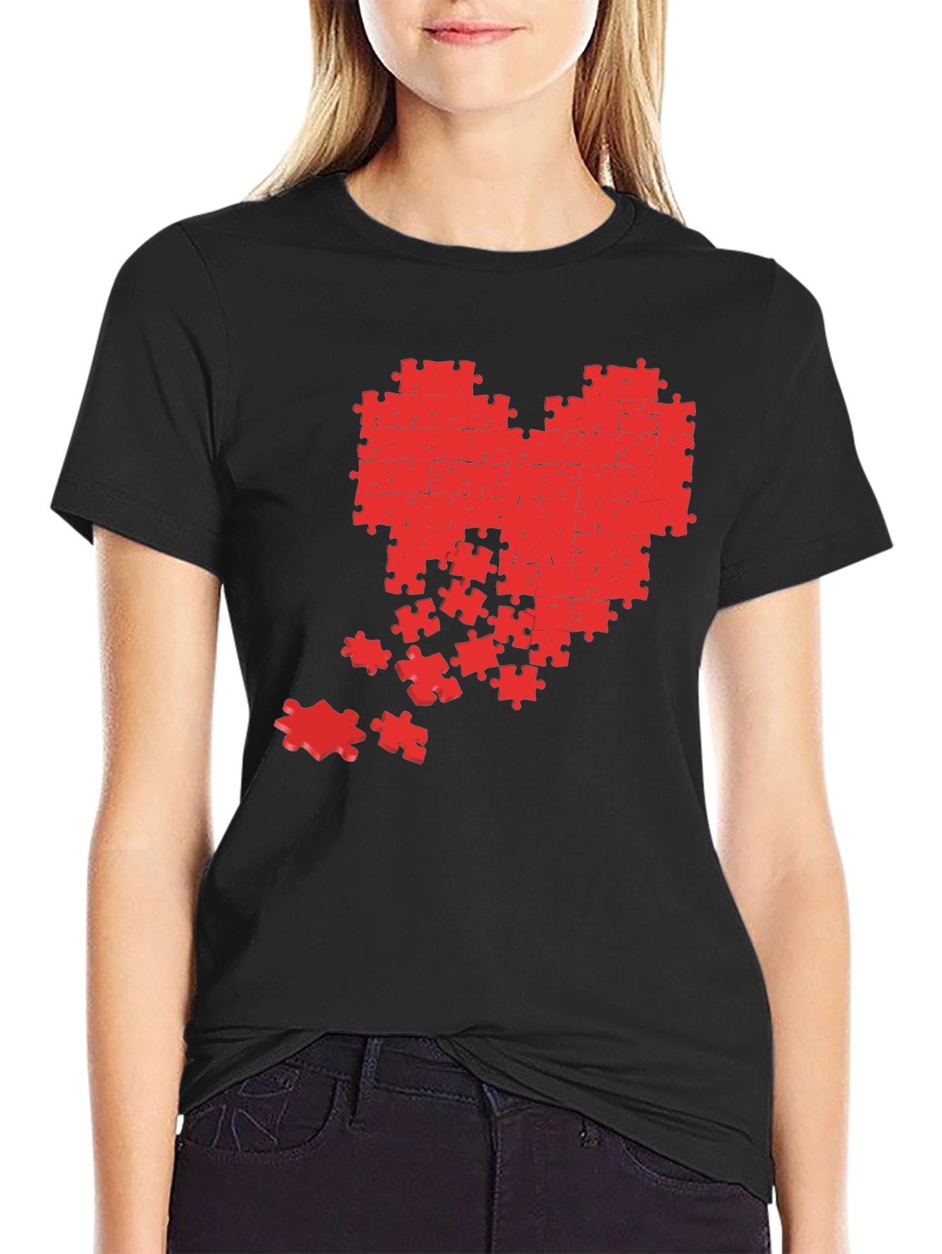 Black Puzzle Heart Graphic Tee - Black Cotton Casual Shirt view 2
