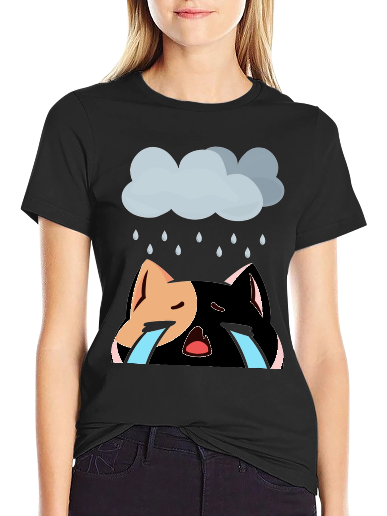 Black Sad Cat T-Shirt - Unisex Black Cotton Blend view 2