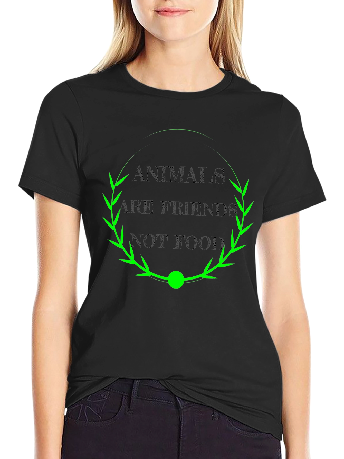 Black Vegan T-Shirt: Animals Are Friends Not Food Tee view 2