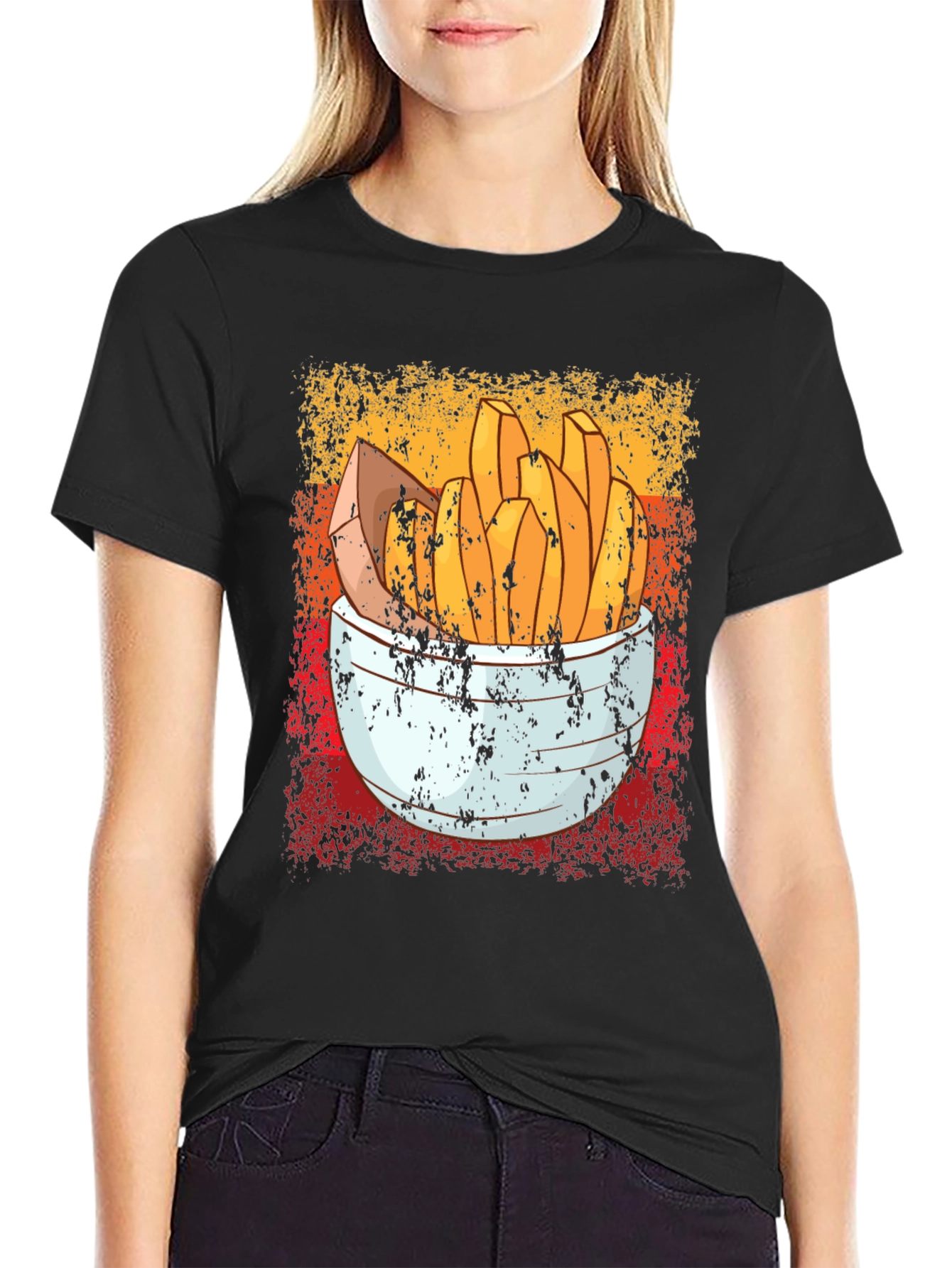 Black Retro French Fries T-Shirt - Vintage Style Food Tee view 2