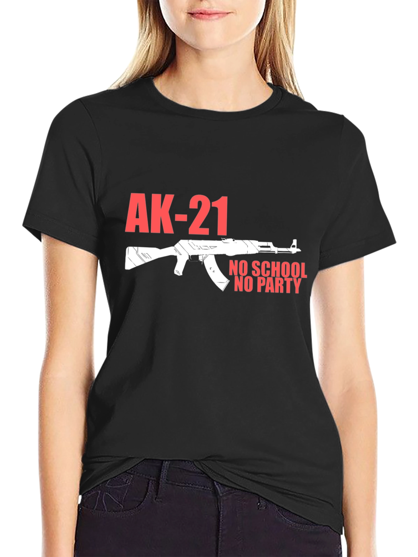 Black AK-21 No School No Party Black T-Shirt view 2