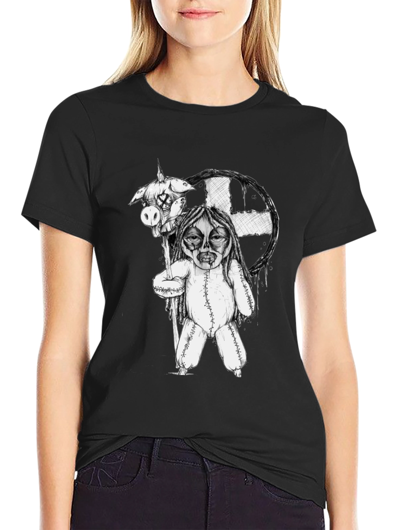 Black Creepy Doll Graphic Tee - Unique Horror Shirt view 2