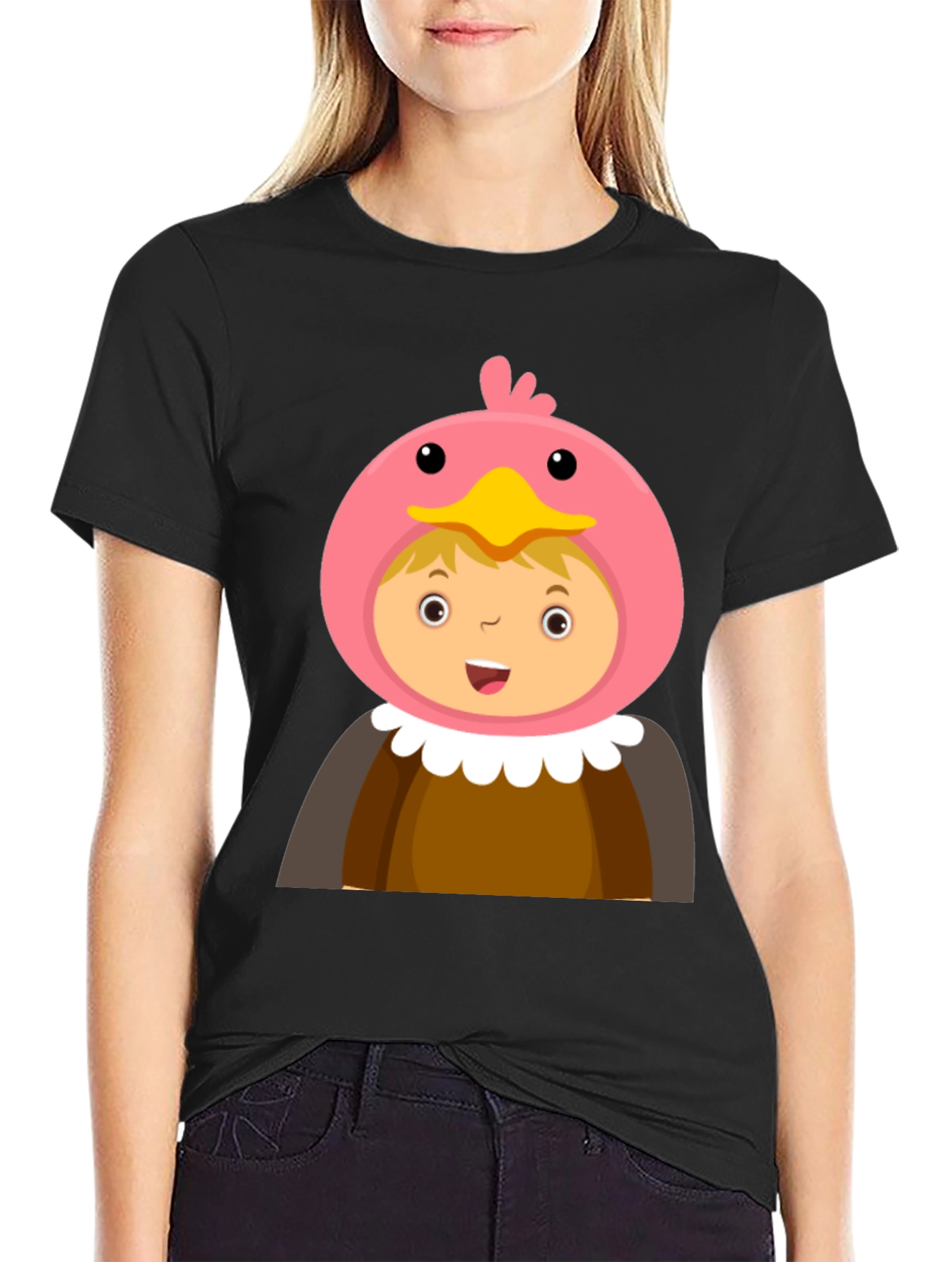 Black Cartoon Character T-Shirt, Bird Costume Design, Black Cotton Tee view 2