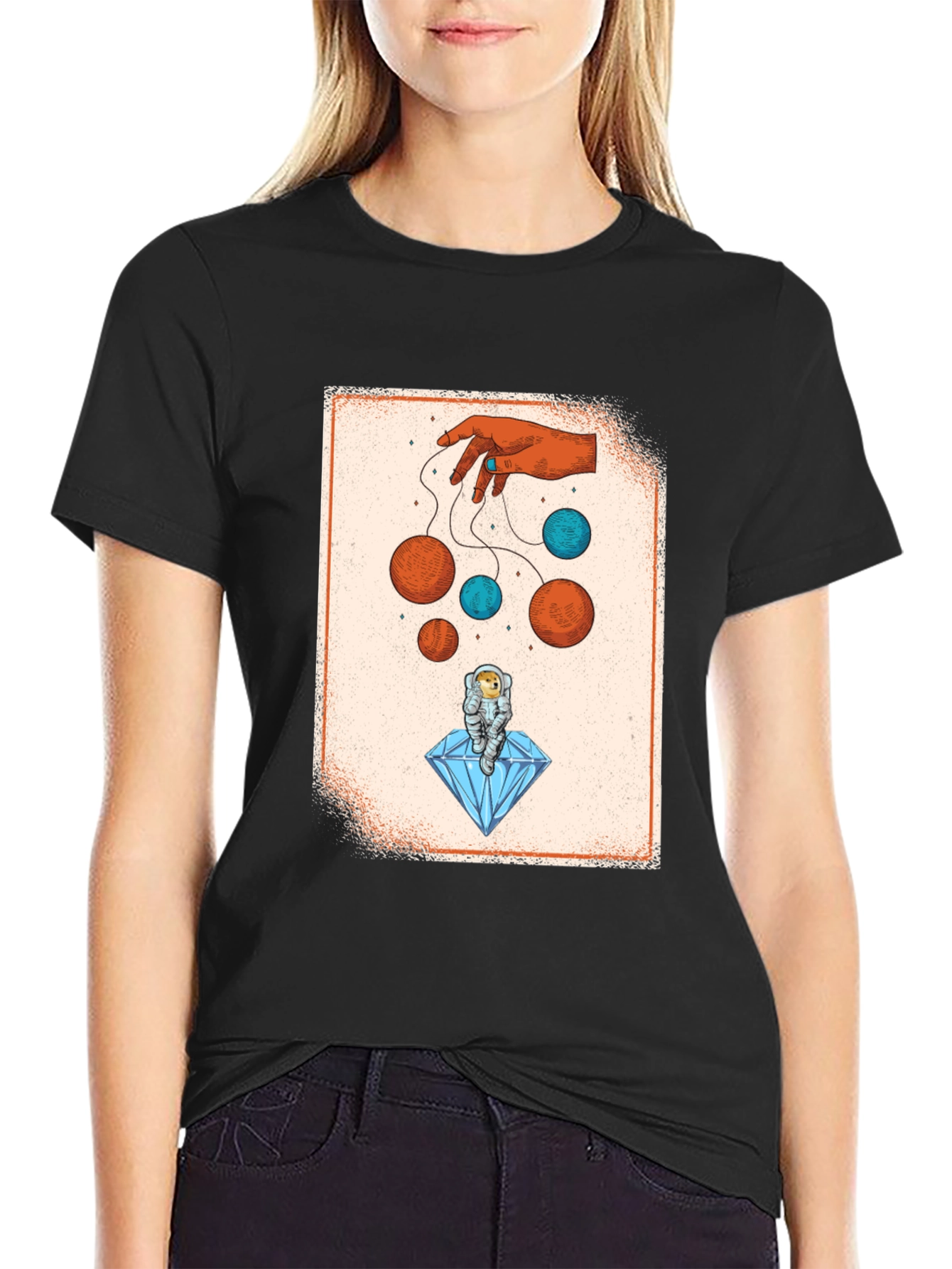 Black Astronaut on Diamond T-Shirt - Cosmic Puppet Master Design view 2