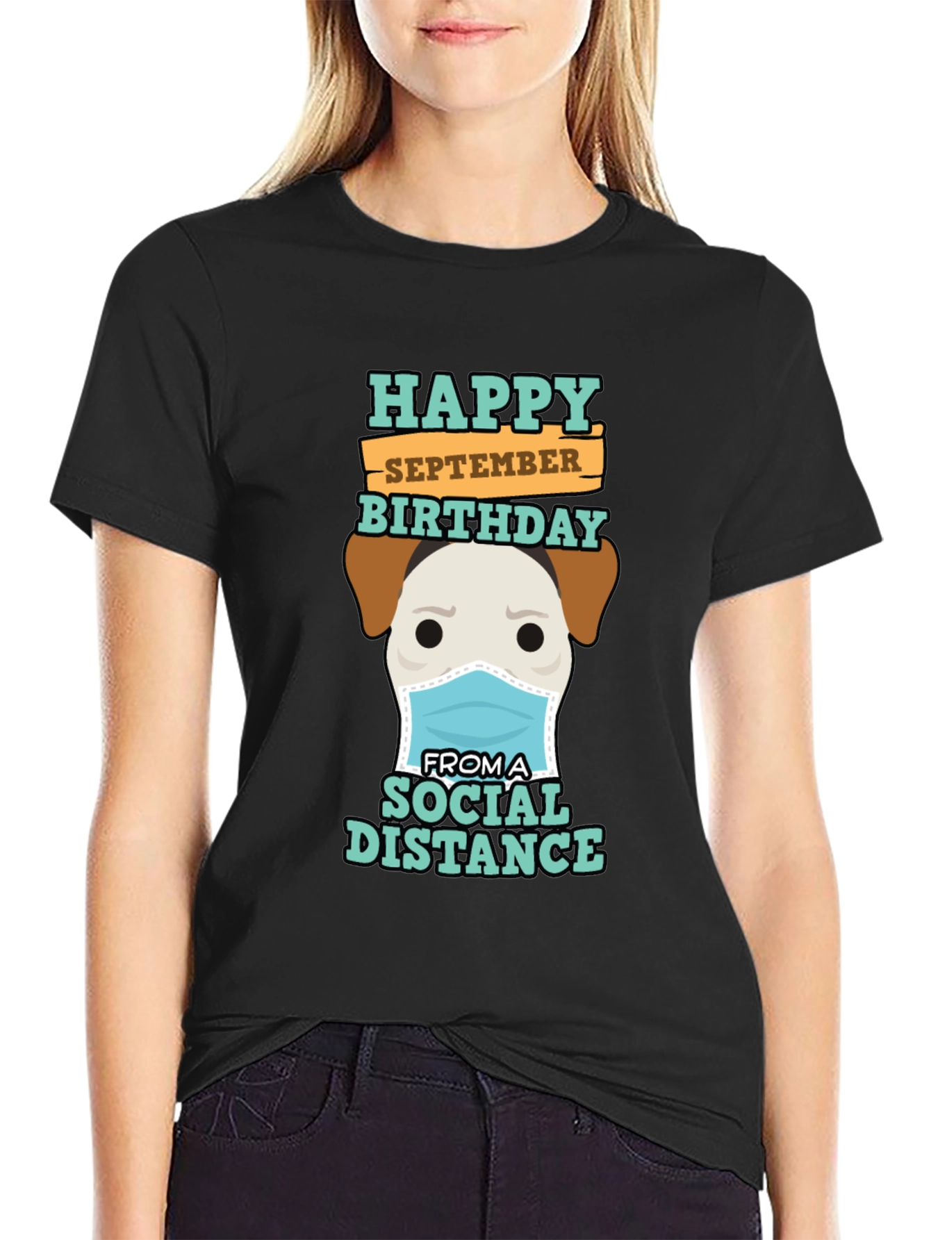 Black Funny September Birthday Social Distance Dog T-Shirt view 2