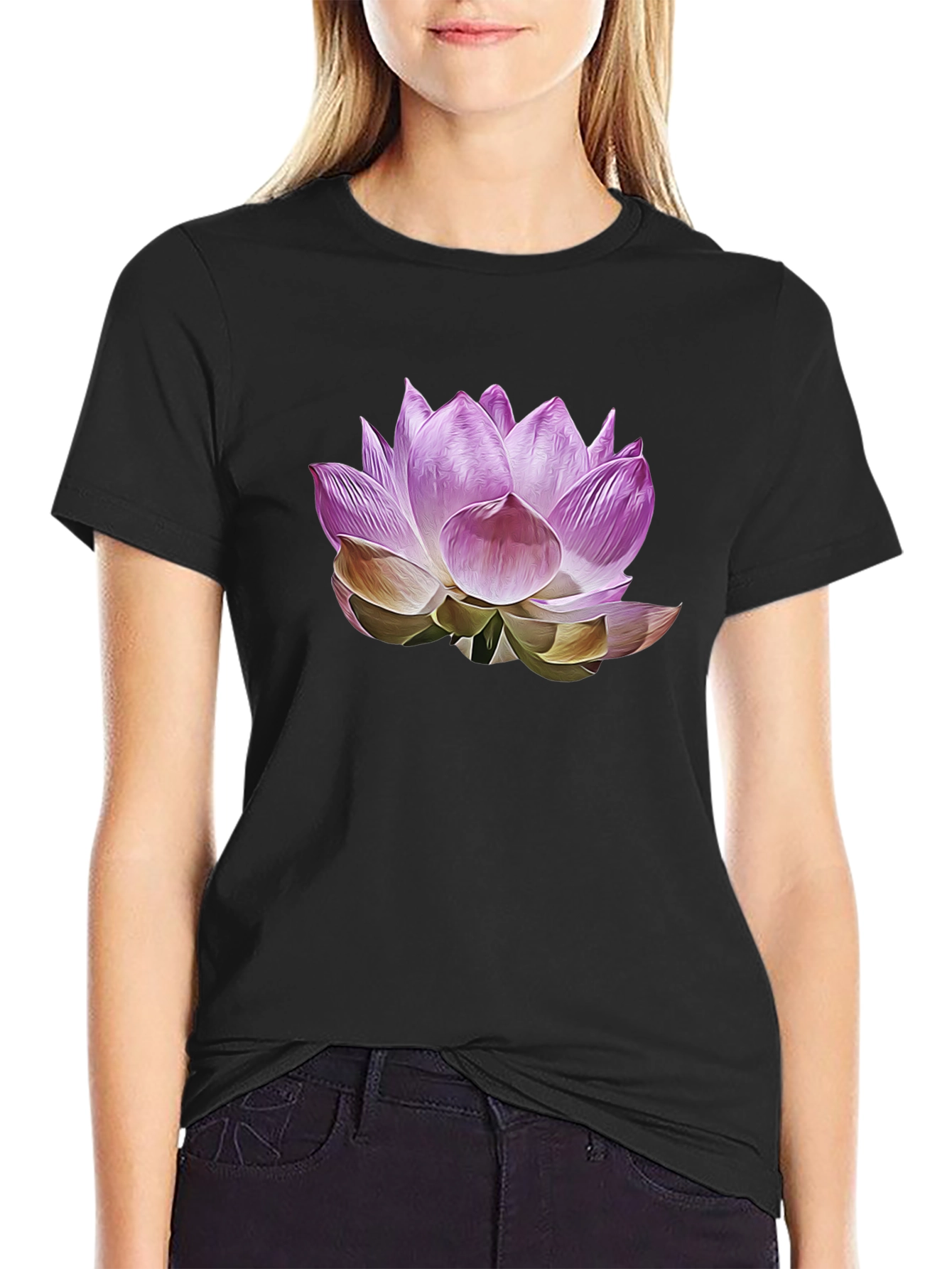 Black Lotus Flower Graphic Black T-Shirt view 2