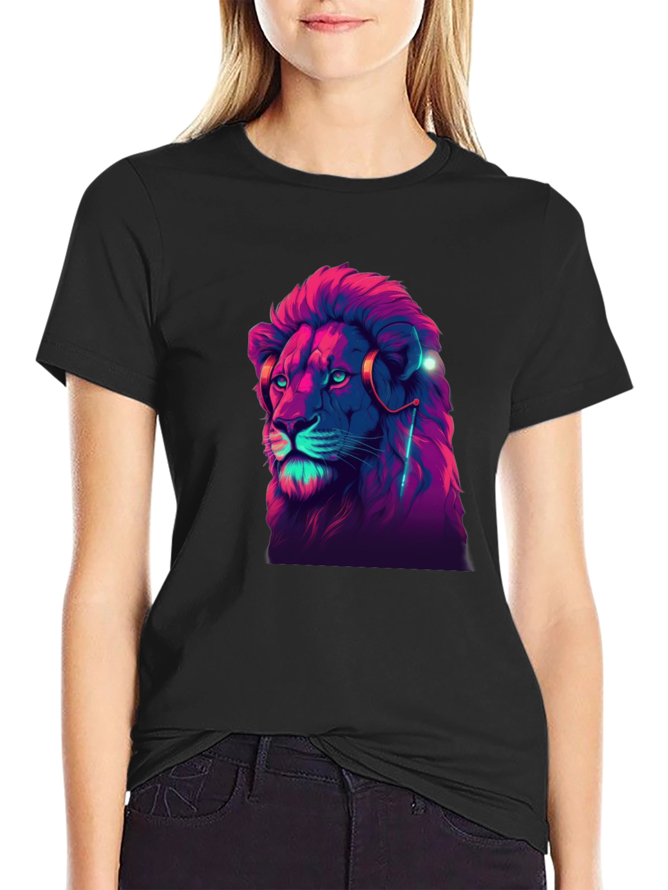 Black Neon Lion Graphic Black T-Shirt view 2