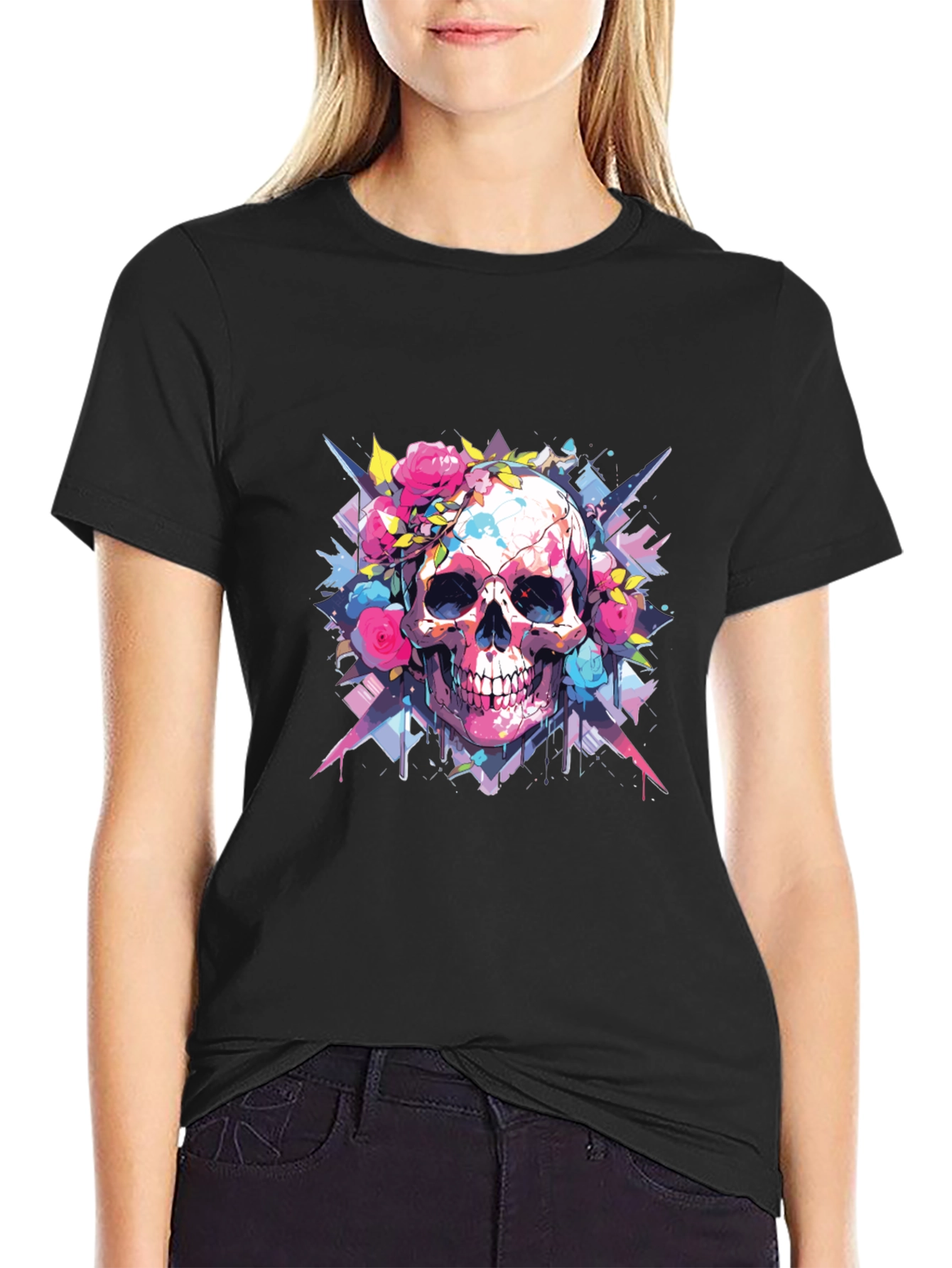 Black Skull & Roses Graphic Tee view 2