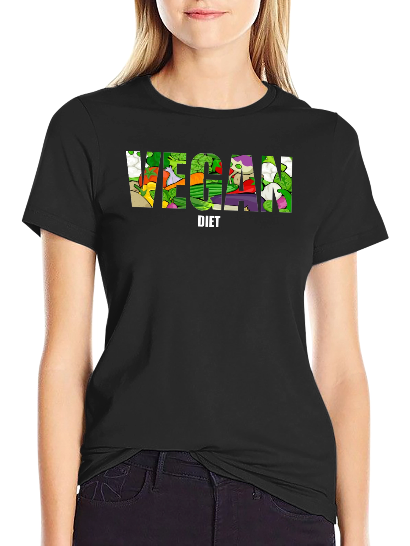 Black Vegan Diet T-Shirt - Black Cotton Graphic Tee view 2