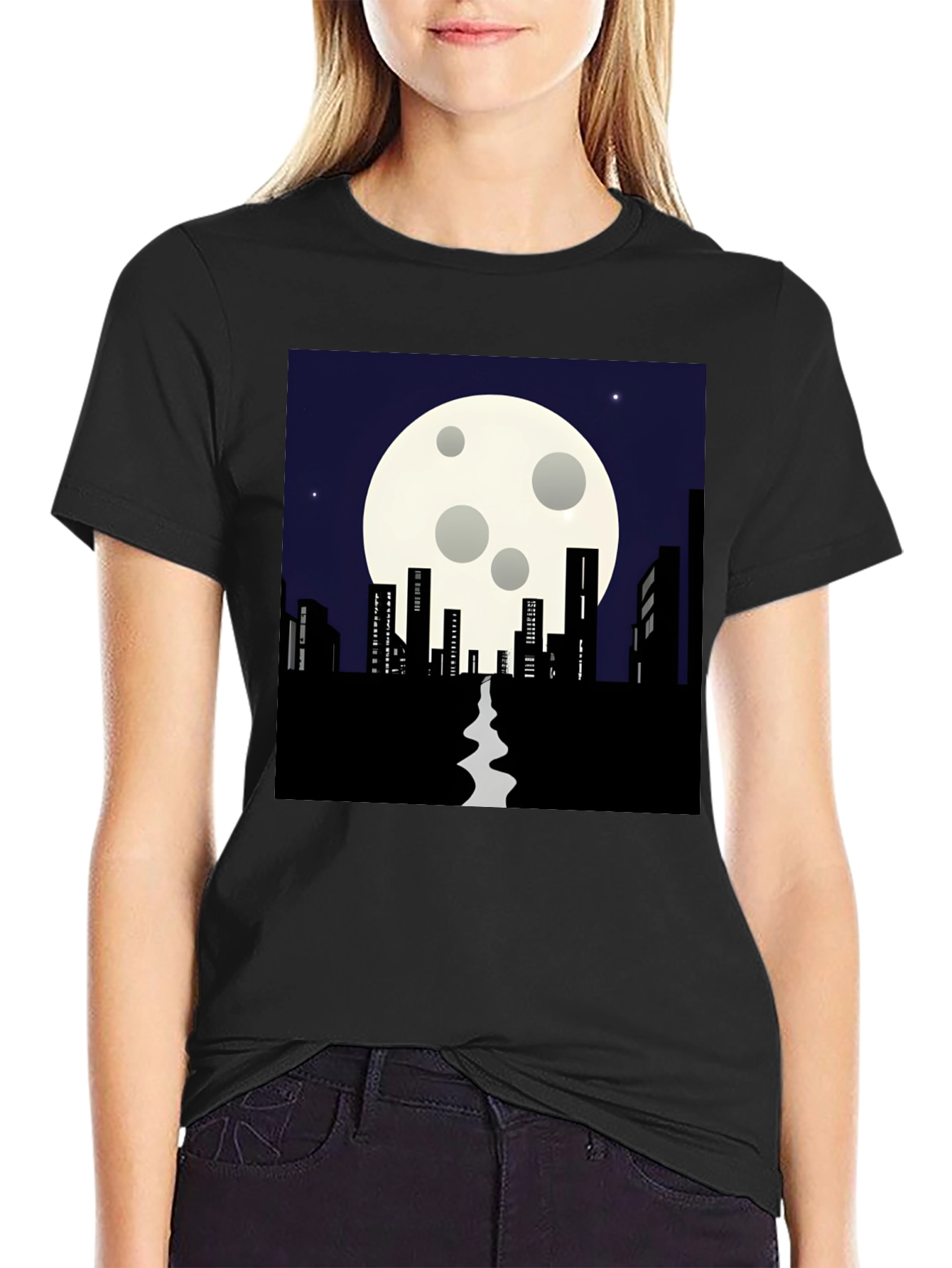 Black Night Cityscape T-Shirt: Moonlit Silhouette Tee view 2