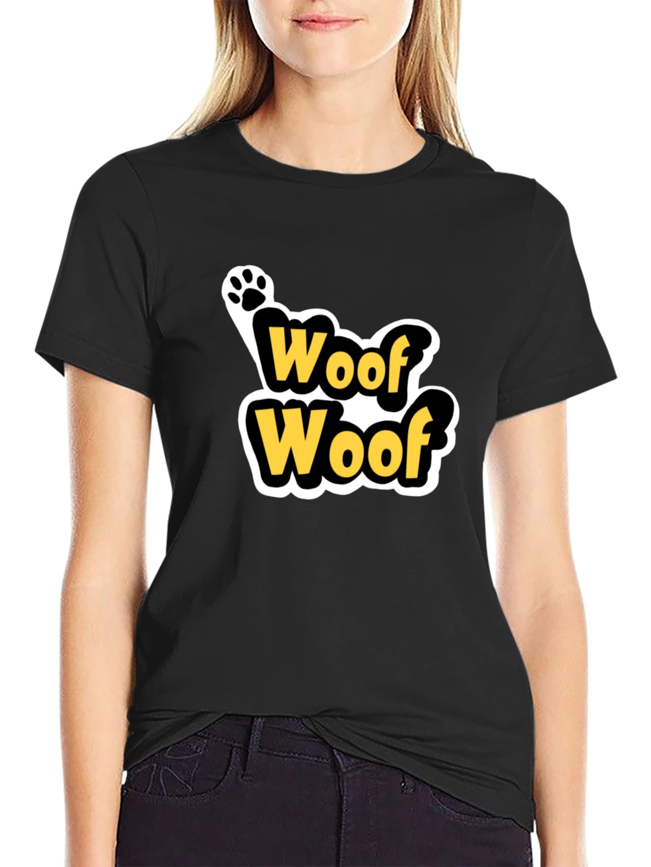 Black Woof Woof Dog Paw Print T-Shirt - Black view 2