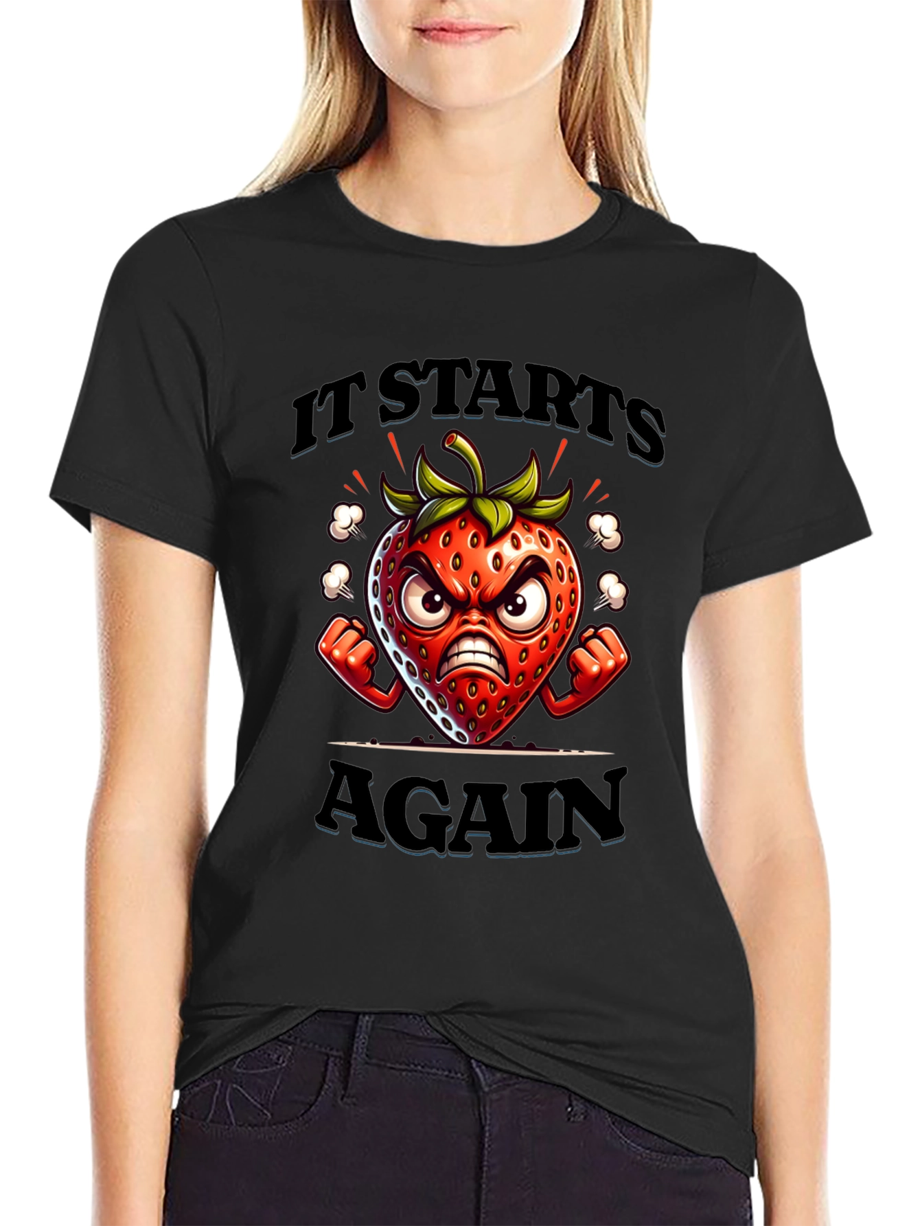 Black Angry Strawberry Cartoon Graphic T-Shirt view 2