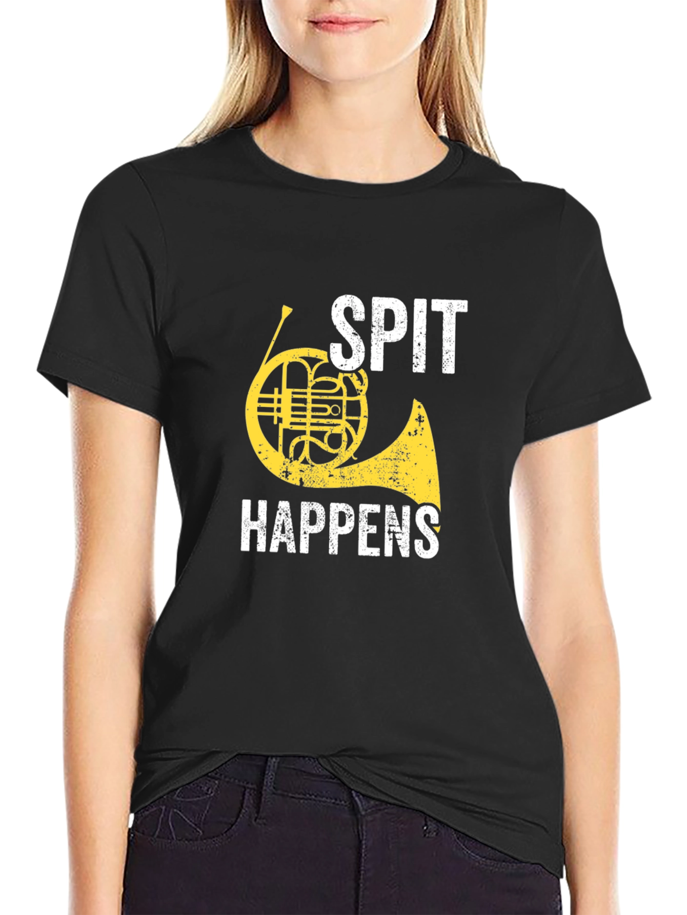 Black Spit Happens French Horn Graphic Tee view 2