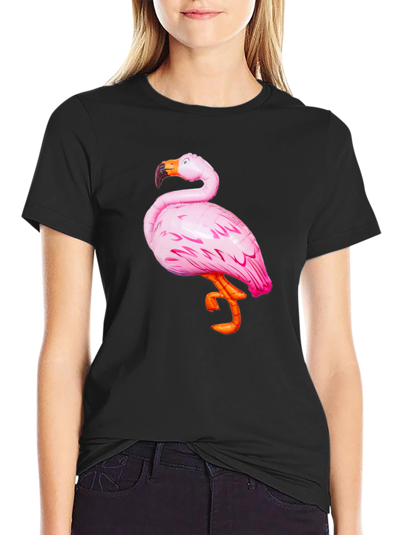 Black Men's Black T-Shirt with Pink Flamingo Graphic view 2