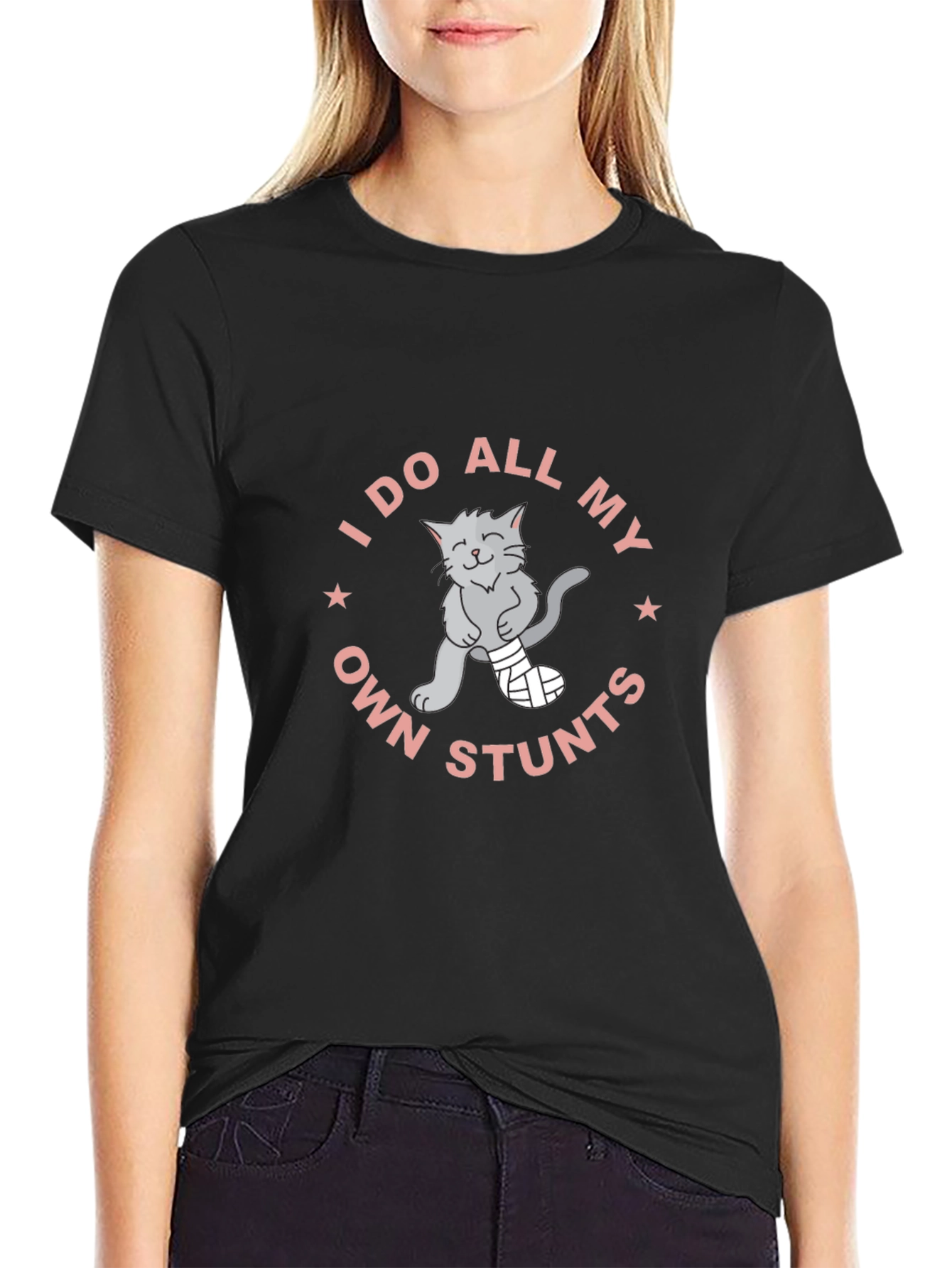 Black I Do All My Own Stunts Cat T-Shirt view 2