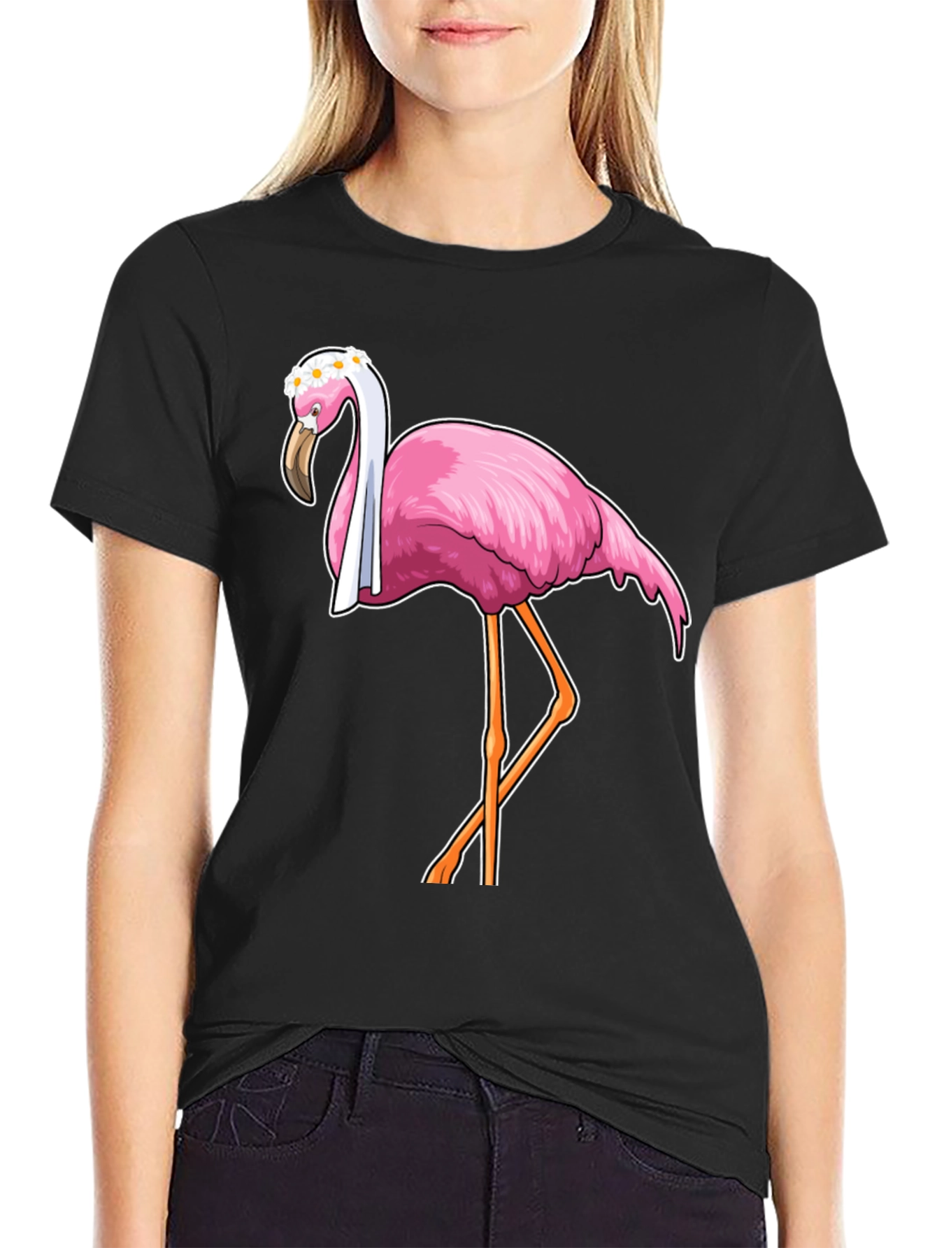 Black Funny Flamingo T-Shirt with Floral Crown view 2