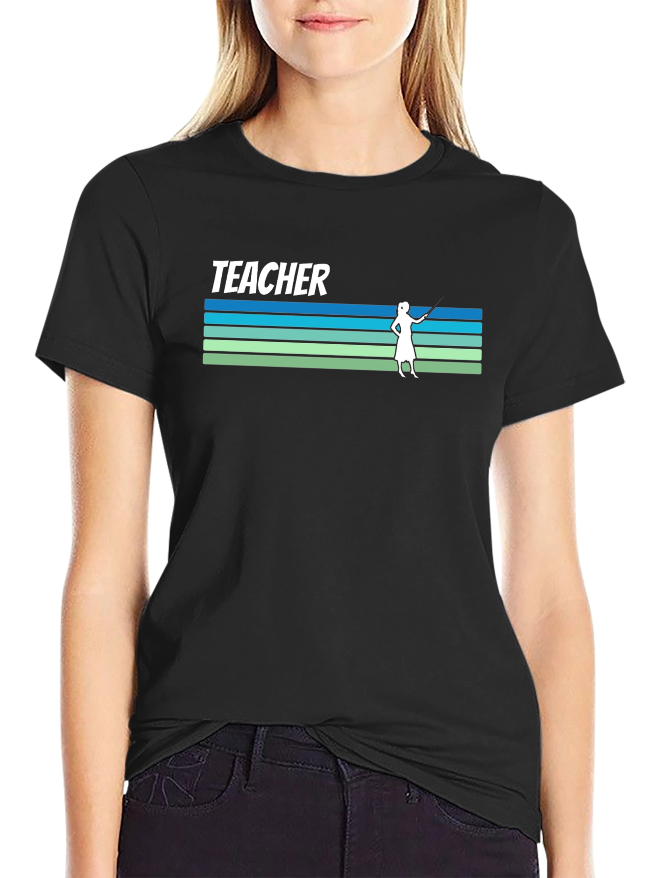 Black Teacher Retro Striped Graphic T-Shirt view 2