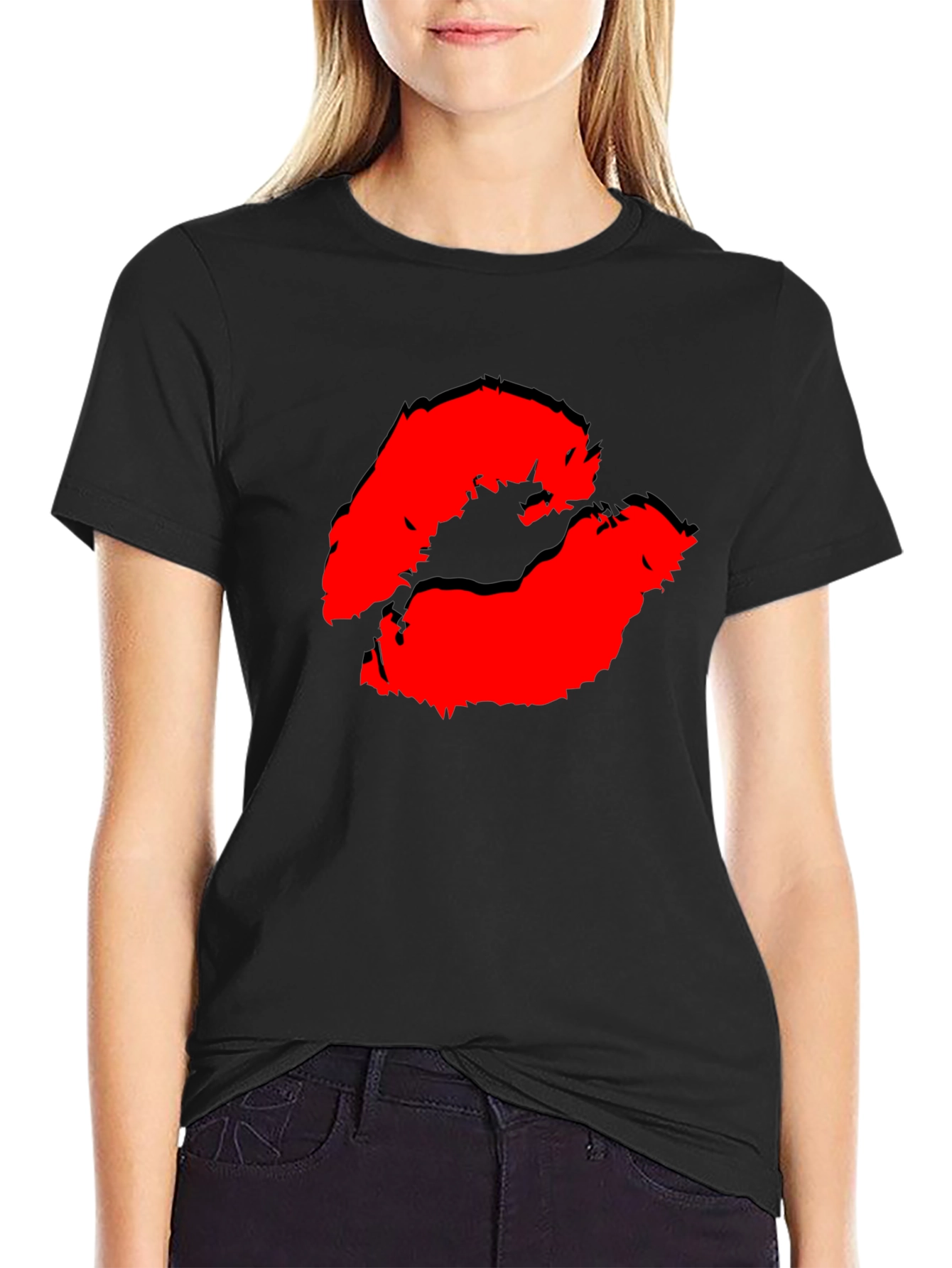 Black Red Lips Kiss Print Black Casual T-Shirt view 2