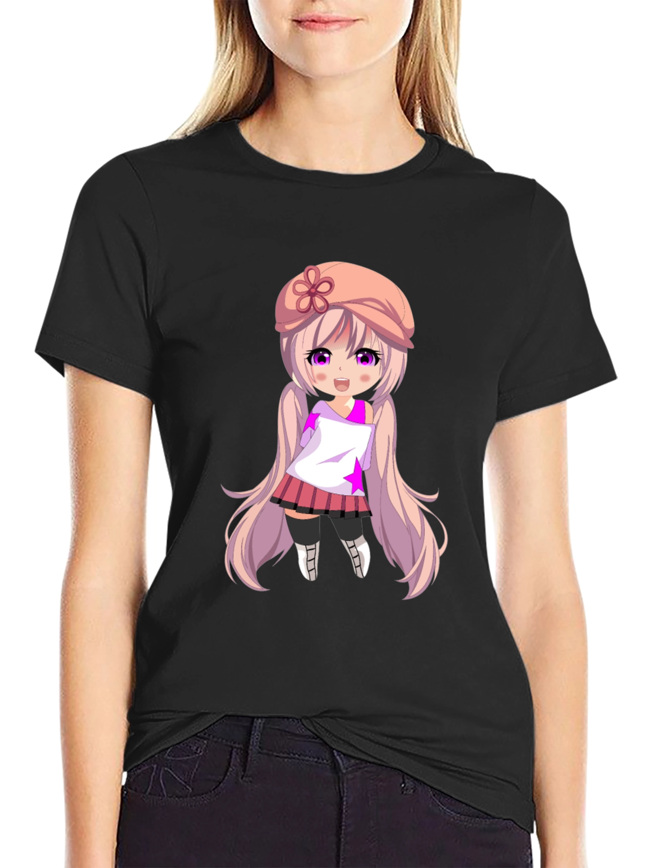 Black Anime Girl Graphic Tee - Stylish Black T-Shirt view 2