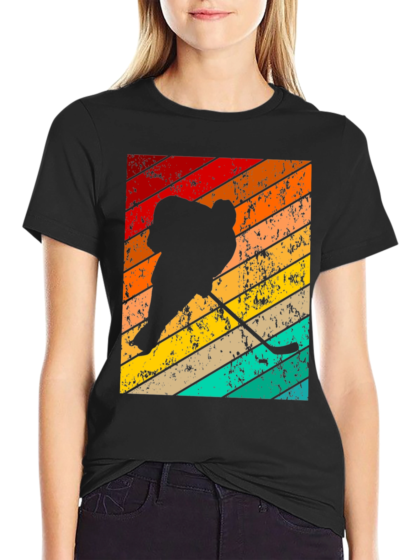 Black Retro Hockey Player T-Shirt view 2