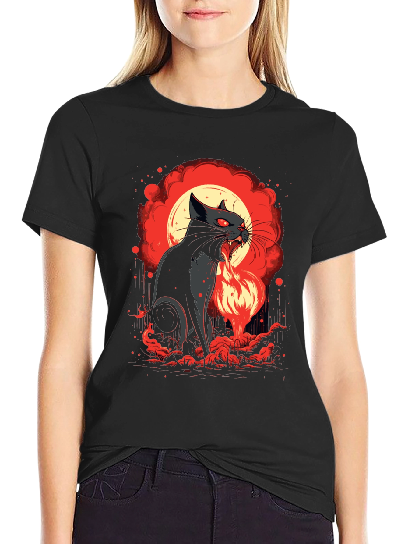 Black Fiery Feline T-Shirt - Black Cat Design view 2
