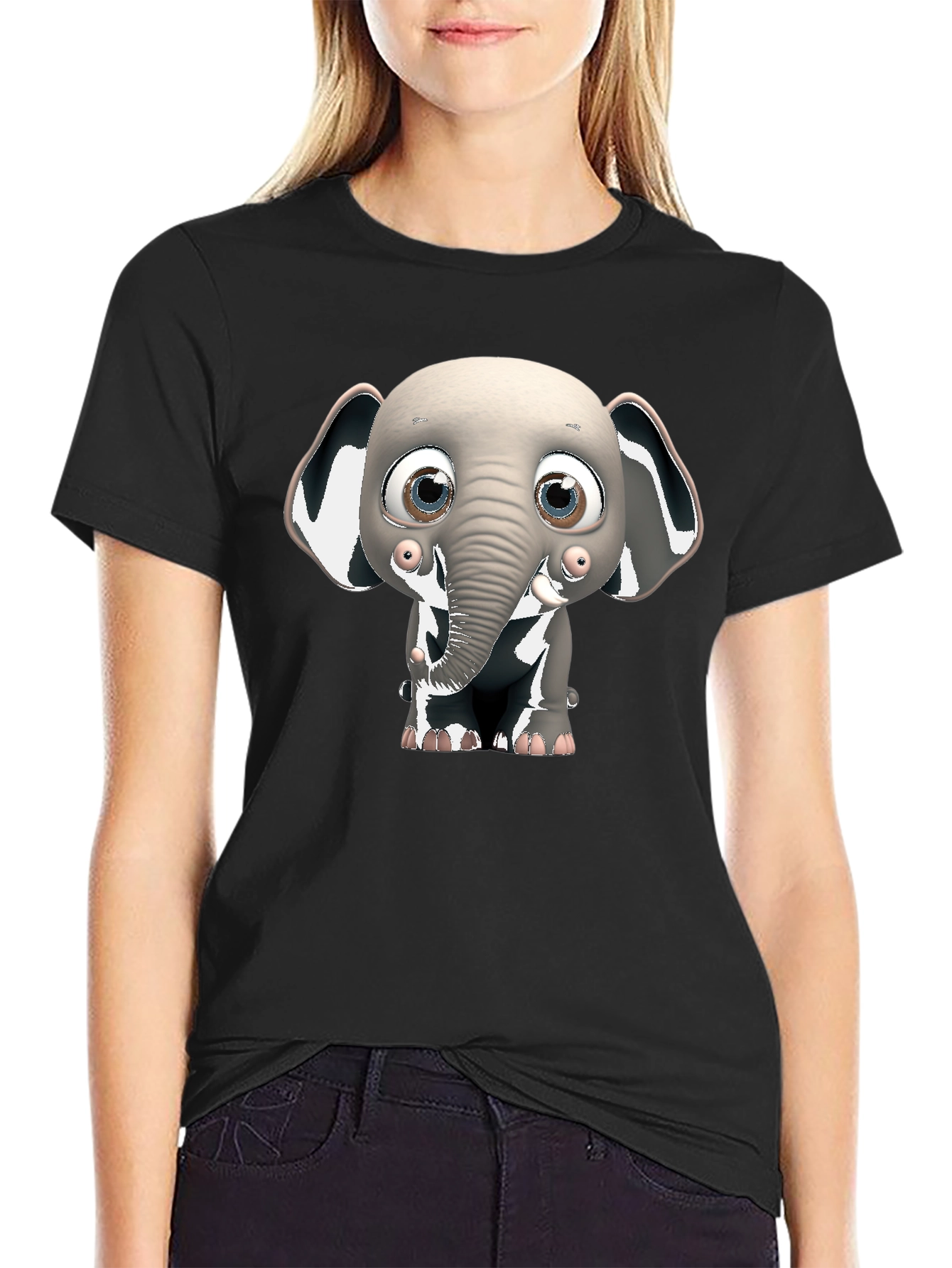 Black Cute Elephant Graphic Black T-Shirt view 2