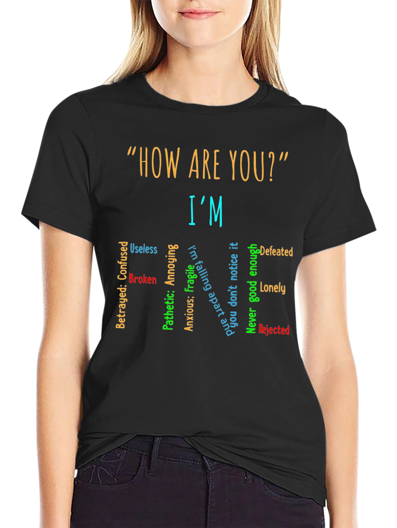 Black I'm Fine T-Shirt: Emotionally Honest Tee view 2