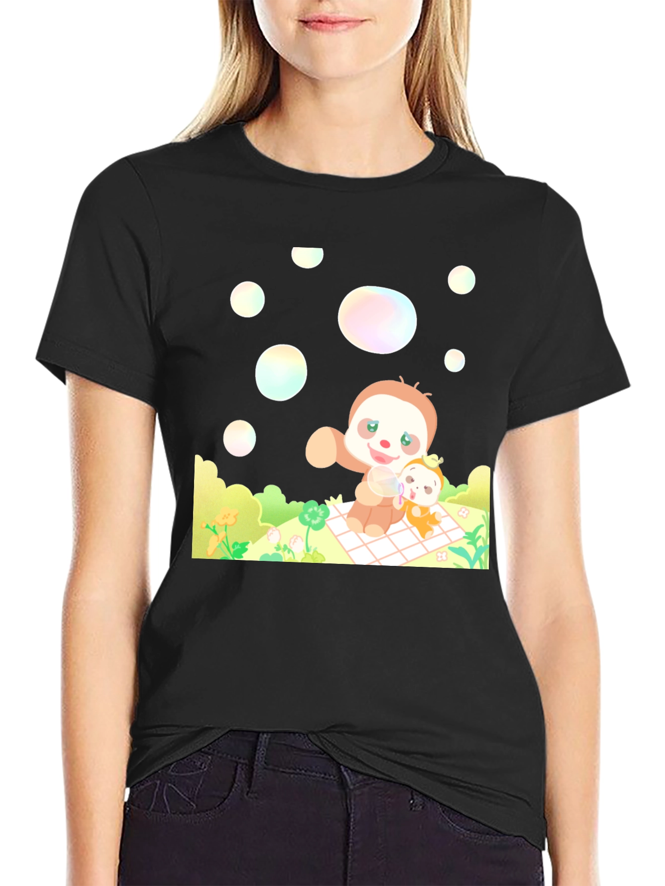 Black Cute Sloth Picnic Black T-Shirt view 2