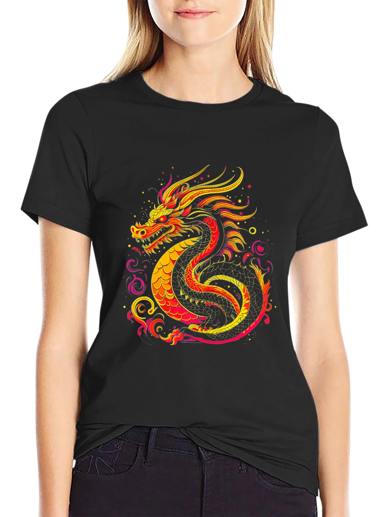 Black Fiery Dragon Graphic Tee - Bold Statement Shirt view 2