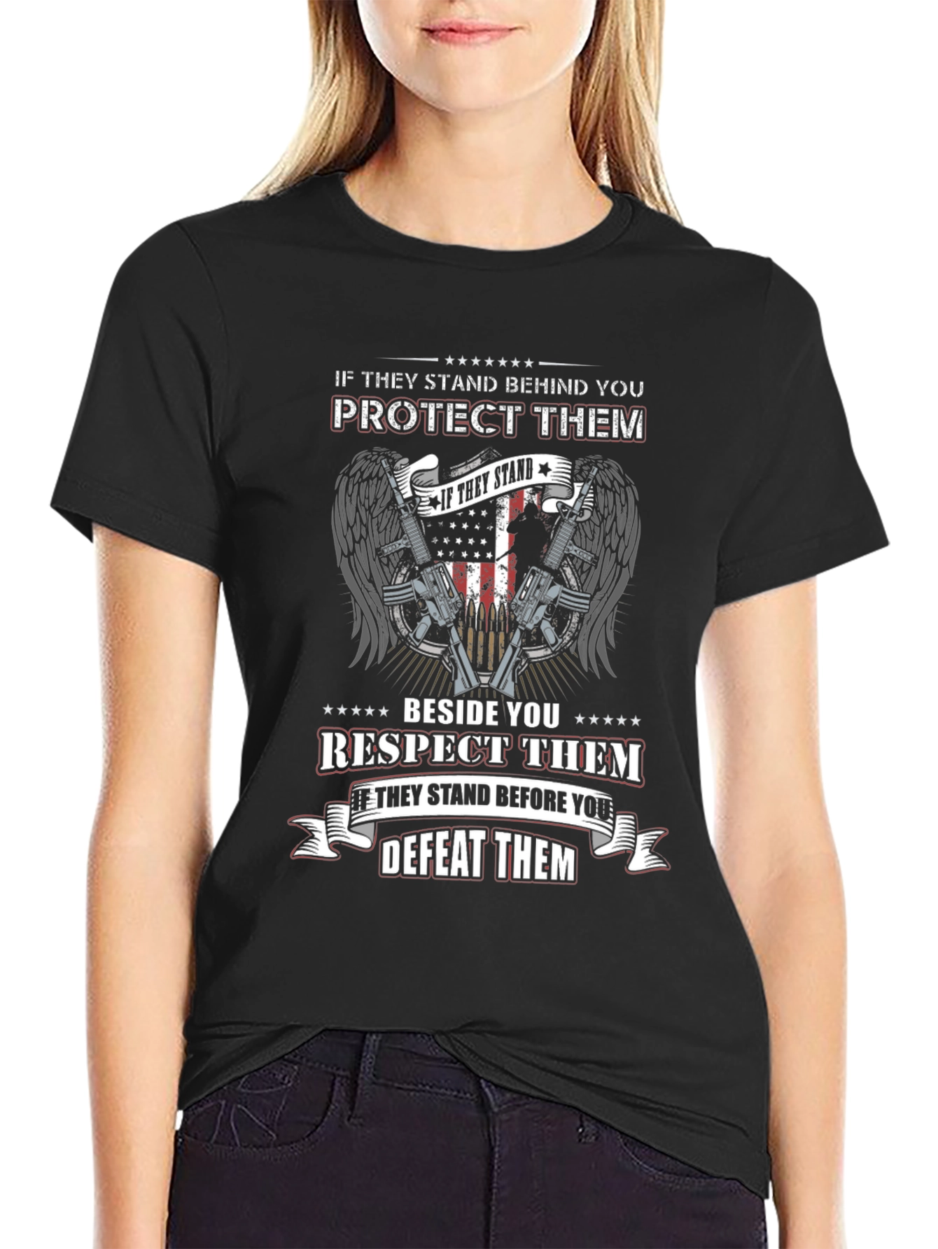 Black Patriotic "Protect/Respect/Defeat" Graphic T-Shirt view 2