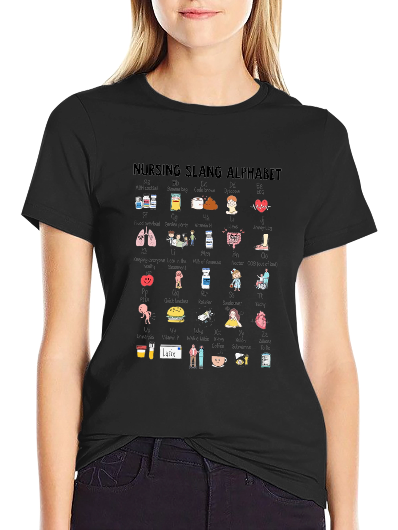 Black Nursing Slang Alphabet T-Shirt - Black Crew Neck view 2