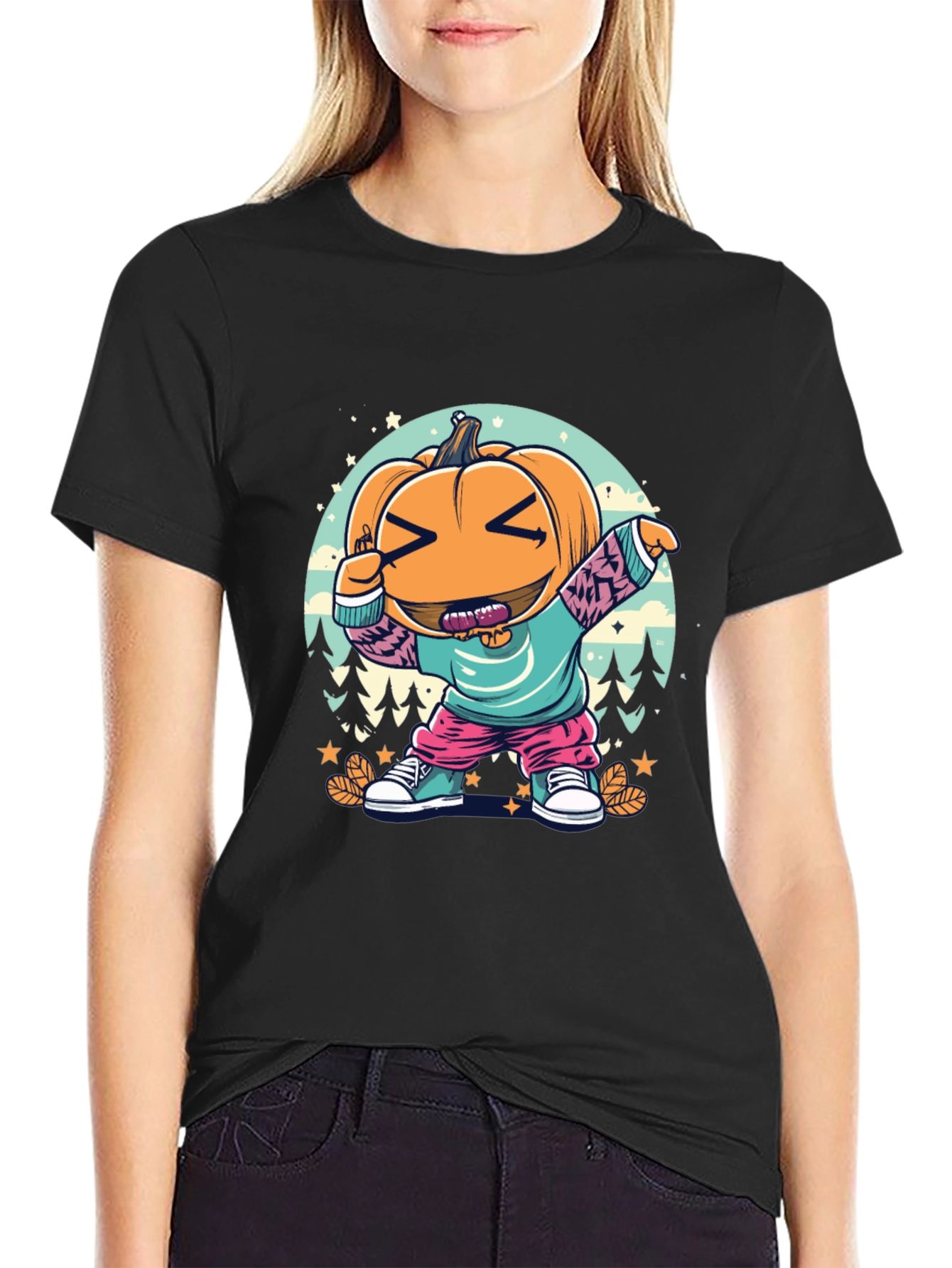 Black Dabbing Pumpkin Cartoon T-Shirt - Halloween Style view 2